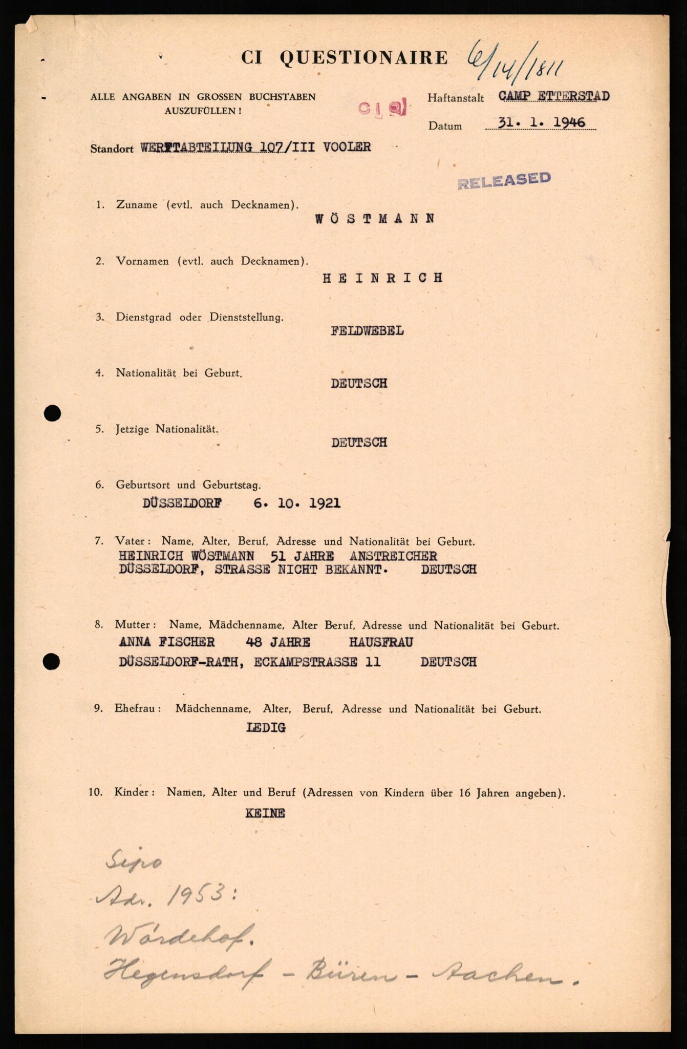 Forsvaret, Forsvarets overkommando II, AV/RA-RAFA-3915/D/Db/L0036: CI Questionaires. Tyske okkupasjonsstyrker i Norge. Tyskere., 1945-1946, s. 522