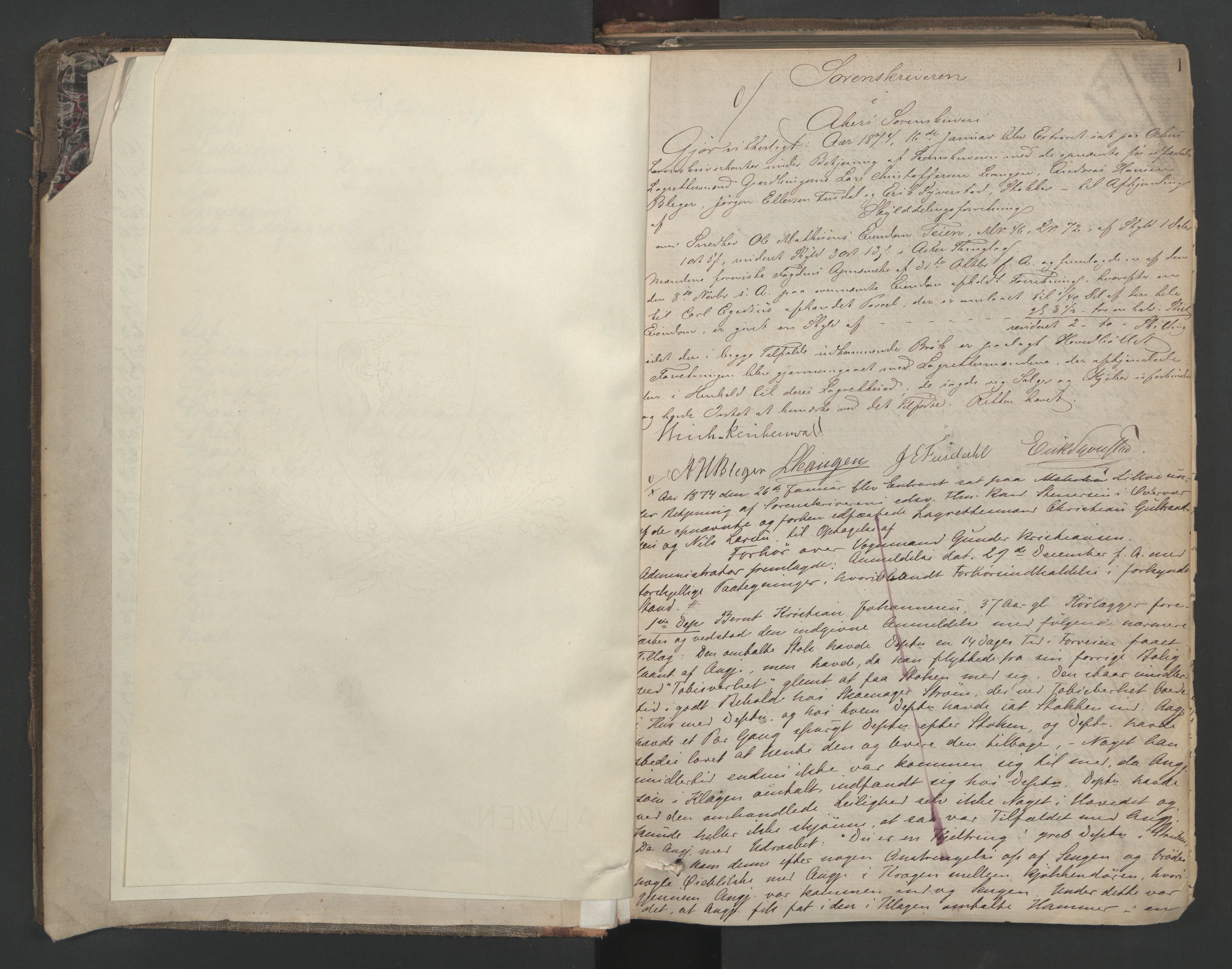Aker sorenskriveri, AV/SAO-A-10895/F/Fc/Fcb/L0042: Ekstrarettsprotokoll, 1874-1877, s. 1