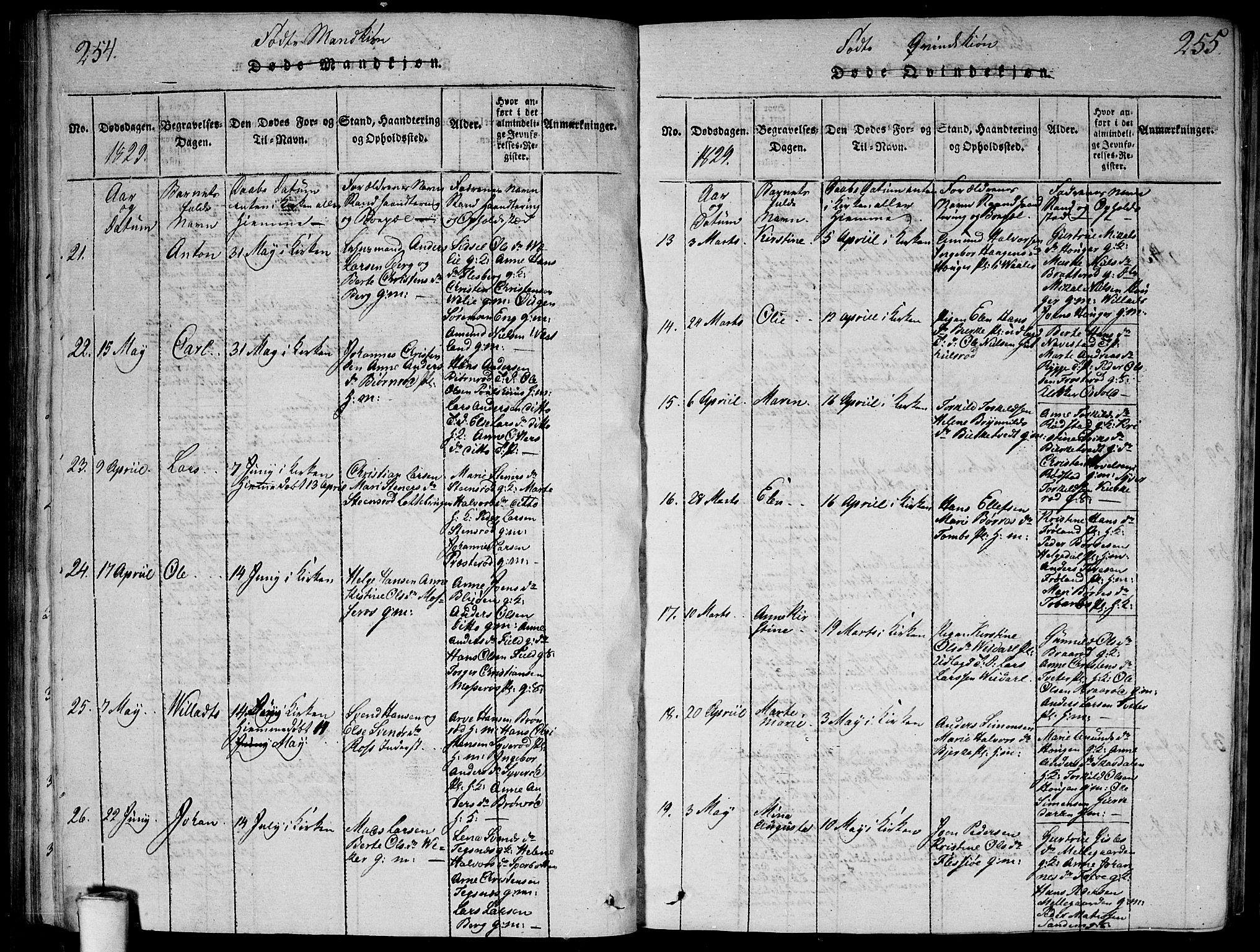 Våler prestekontor Kirkebøker, AV/SAO-A-11083/G/Ga/L0001: Klokkerbok nr. I 1, 1815-1839, s. 254-255
