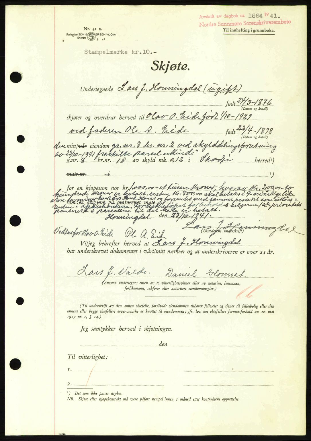 Nordre Sunnmøre sorenskriveri, AV/SAT-A-0006/1/2/2C/2Ca: Pantebok nr. A12, 1941-1942, Dagboknr: 1664/1941