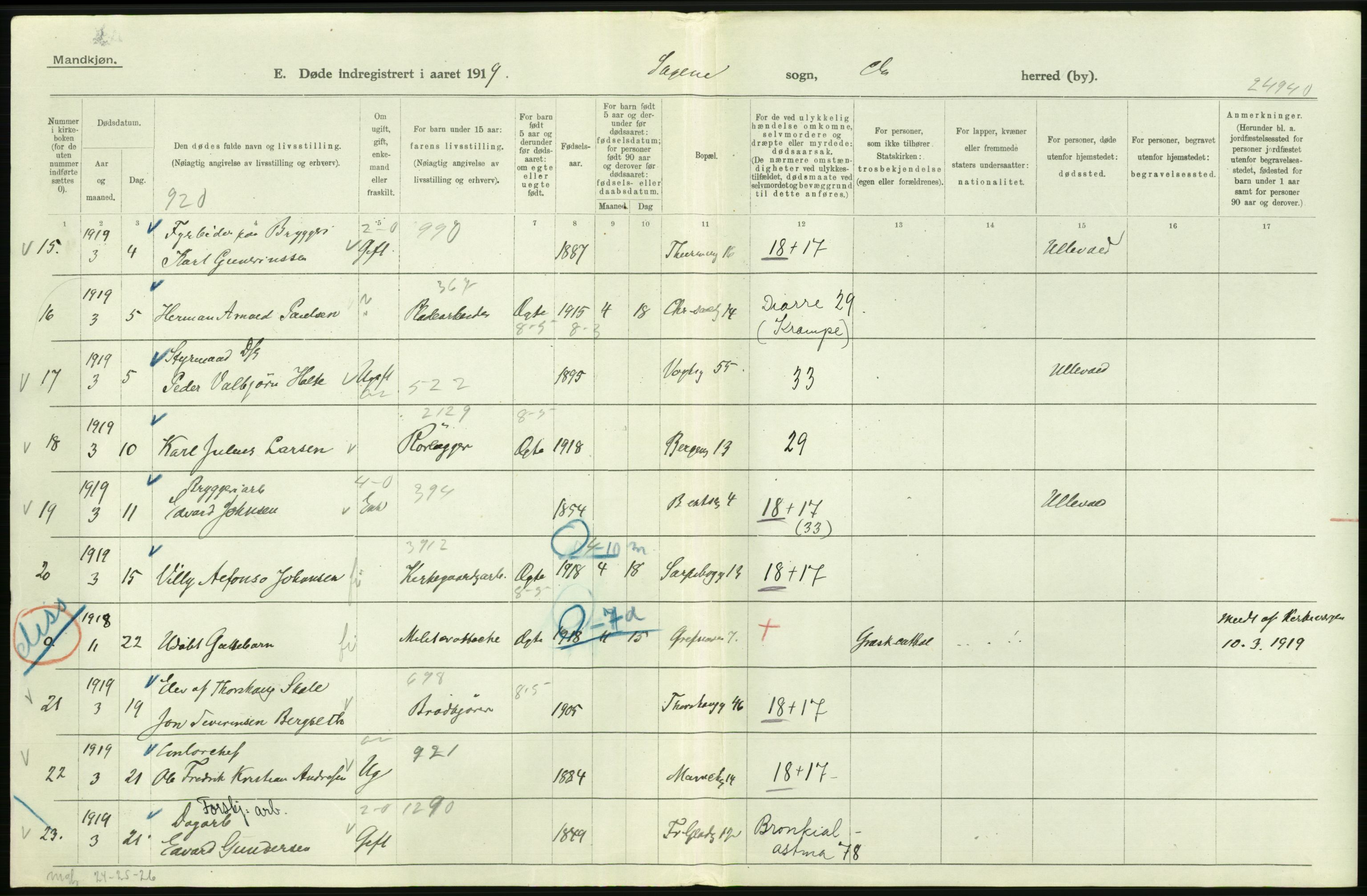 Statistisk sentralbyrå, Sosiodemografiske emner, Befolkning, AV/RA-S-2228/D/Df/Dfb/Dfbi/L0010: Kristiania: Døde, 1919, s. 302