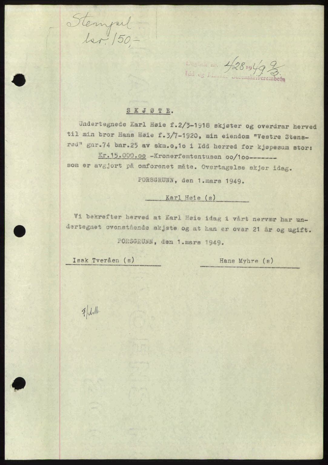 Idd og Marker sorenskriveri, SAO/A-10283/G/Gb/Gbb/L0012: Pantebok nr. A12, 1949-1949, Dagboknr: 428/1949