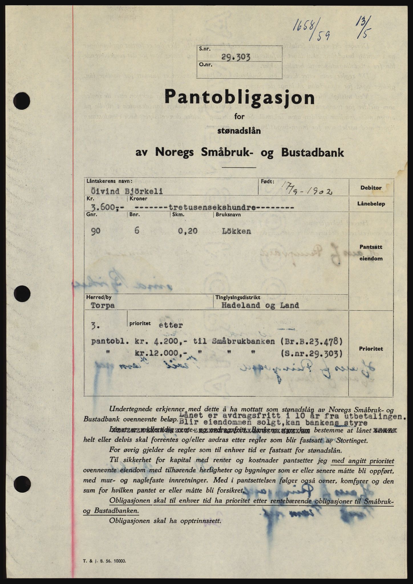 Hadeland og Land tingrett, SAH/TING-010/H/Hb/Hbc/L0040: Pantebok nr. B40, 1959-1959, Dagboknr: 1658/1959