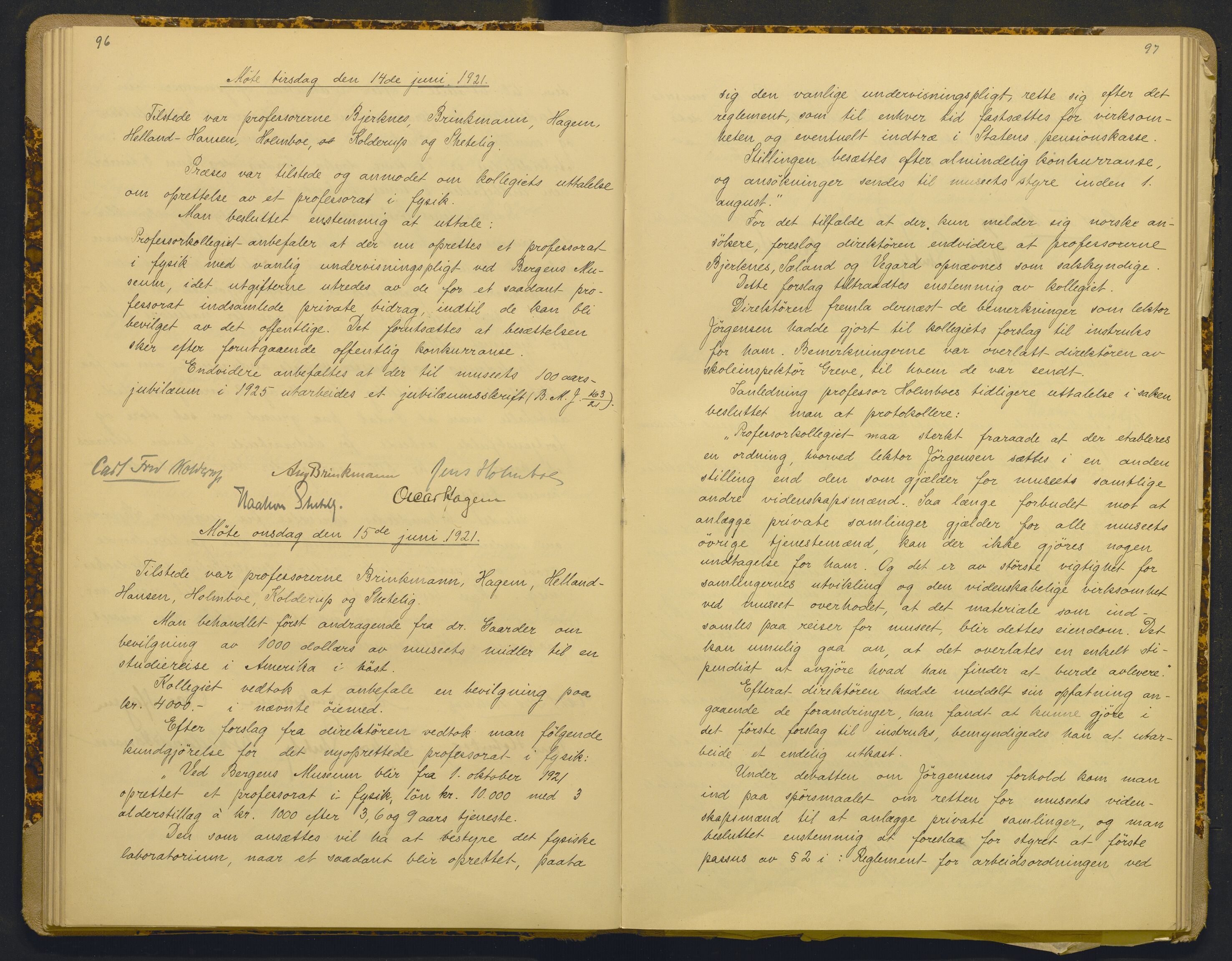 Bergens Museum, AV/SAB-A-17301/18/A/L0001: Bestyrerkollegiets forhandlingsprotokoll med register , 1907-1927, s. 96-97