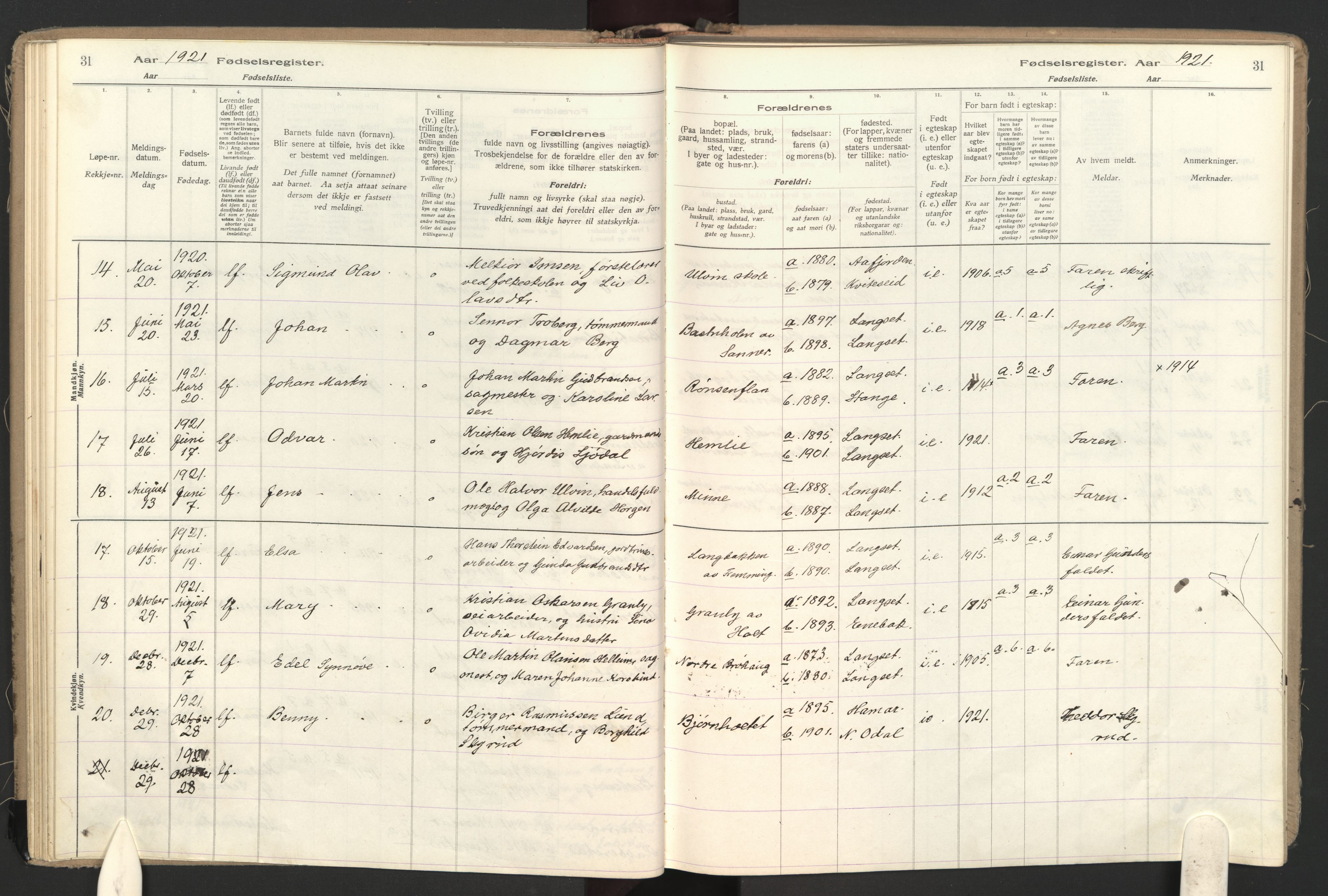 Eidsvoll prestekontor Kirkebøker, AV/SAO-A-10888/J/Jb/L0001: Fødselsregister nr. II 1, 1916-1959, s. 31