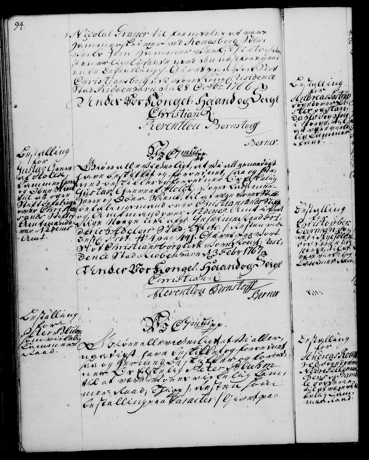 Rentekammeret, Kammerkanselliet, RA/EA-3111/G/Gg/Gge/L0004: Norsk bestallingsprotokoll med register (merket RK 53.28), 1762-1771, s. 94