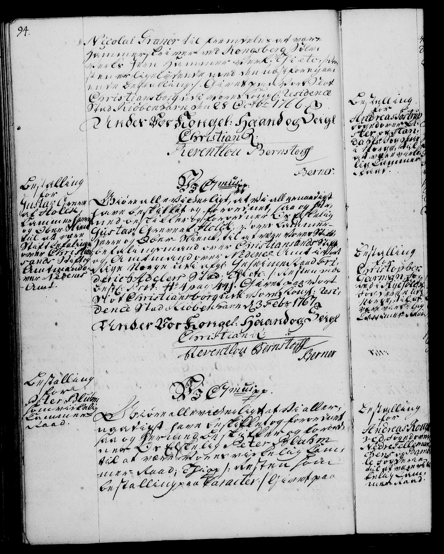 Rentekammeret, Kammerkanselliet, AV/RA-EA-3111/G/Gg/Gge/L0004: Norsk bestallingsprotokoll med register (merket RK 53.28), 1762-1771, s. 94