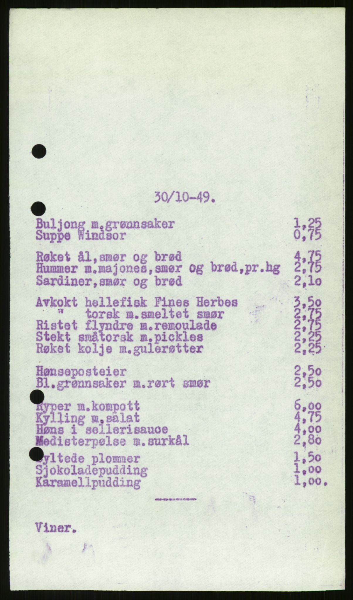 Norsk Spisevognselskap A/S, AV/RA-PA-1528/F/Fc/L0001/0003: -- / Meny, 1949