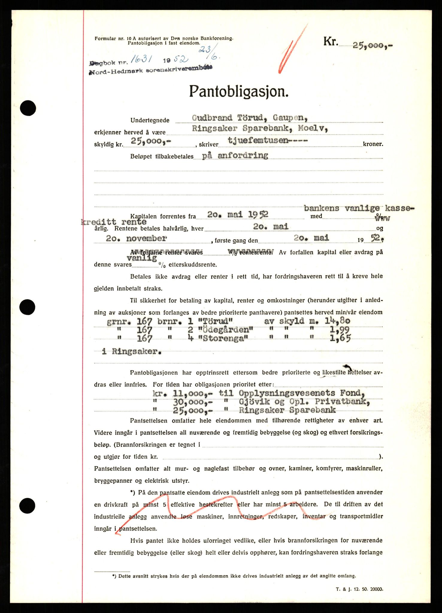 Nord-Hedmark sorenskriveri, SAH/TING-012/H/Hb/Hbf/L0025: Pantebok nr. B25, 1952-1952, Dagboknr: 1631/1952