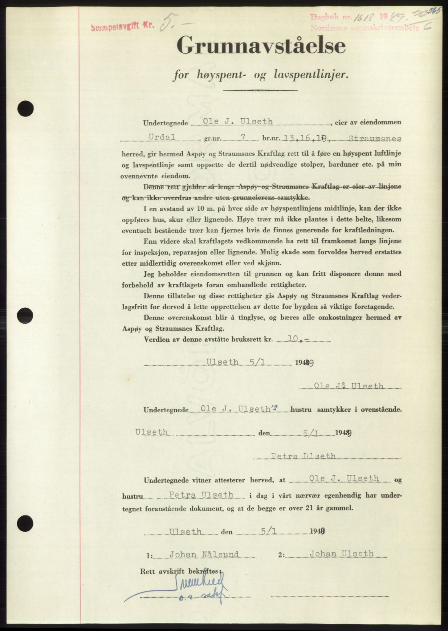 Nordmøre sorenskriveri, SAT/A-4132/1/2/2Ca: Pantebok nr. B101, 1949-1949, Dagboknr: 1618/1949