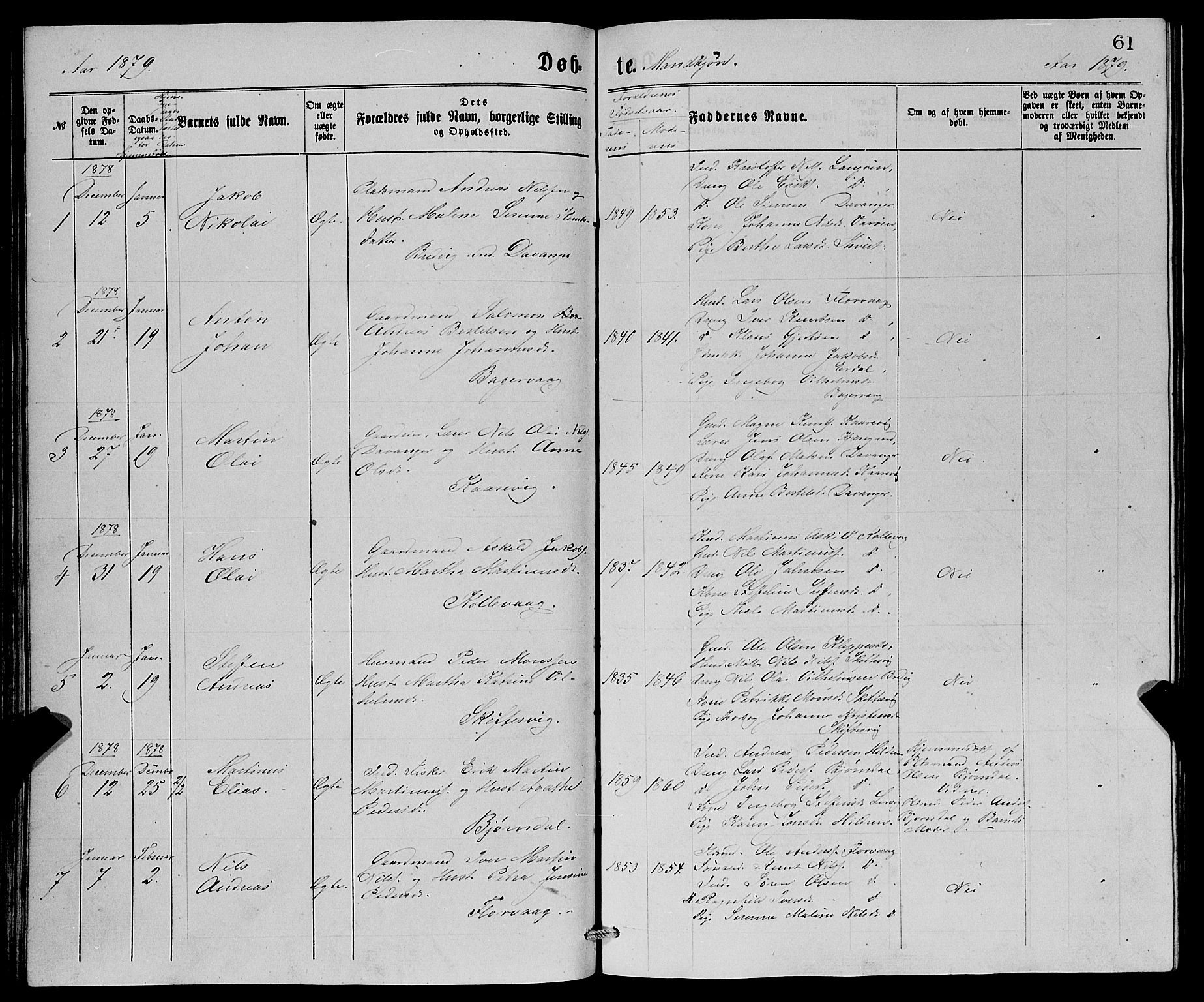 Askøy Sokneprestembete, AV/SAB-A-74101/H/Ha/Hab/Haba/L0007: Klokkerbok nr. A 7, 1871-1881, s. 61