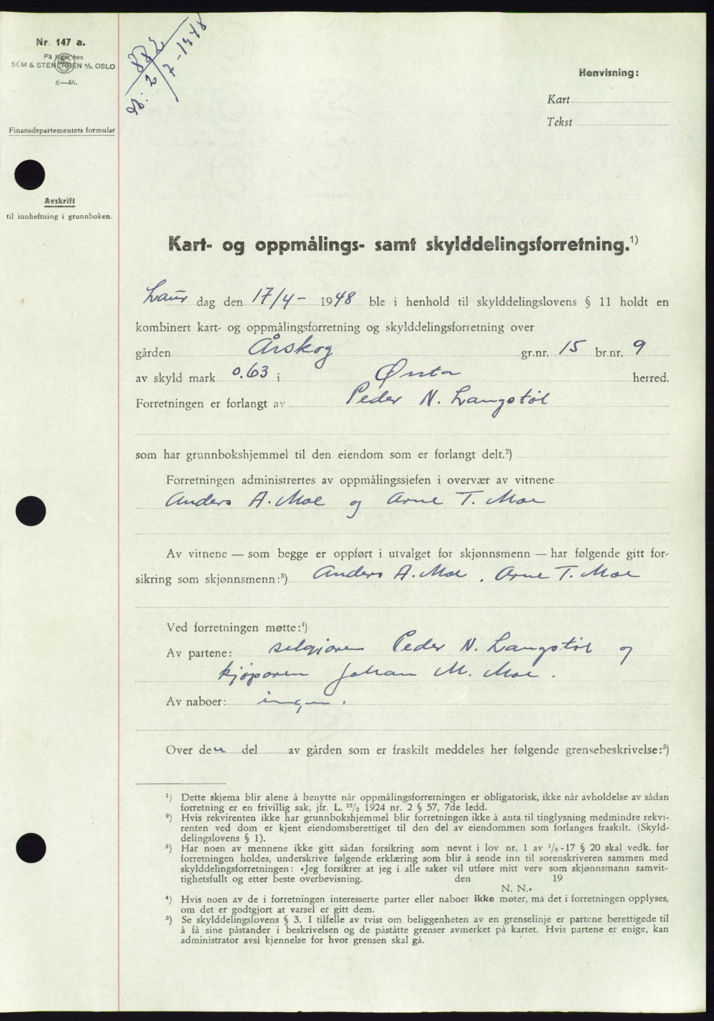 Søre Sunnmøre sorenskriveri, SAT/A-4122/1/2/2C/L0082: Pantebok nr. 8A, 1948-1948, Dagboknr: 882/1948