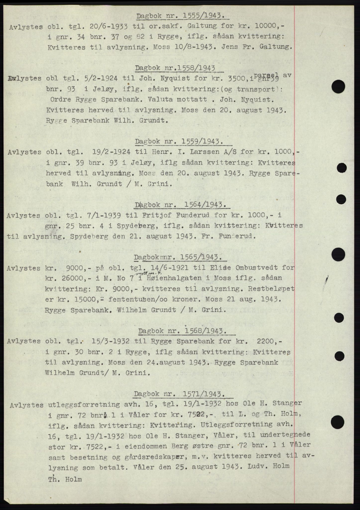 Moss sorenskriveri, SAO/A-10168: Pantebok nr. C10, 1938-1950, Dagboknr: 1555/1943