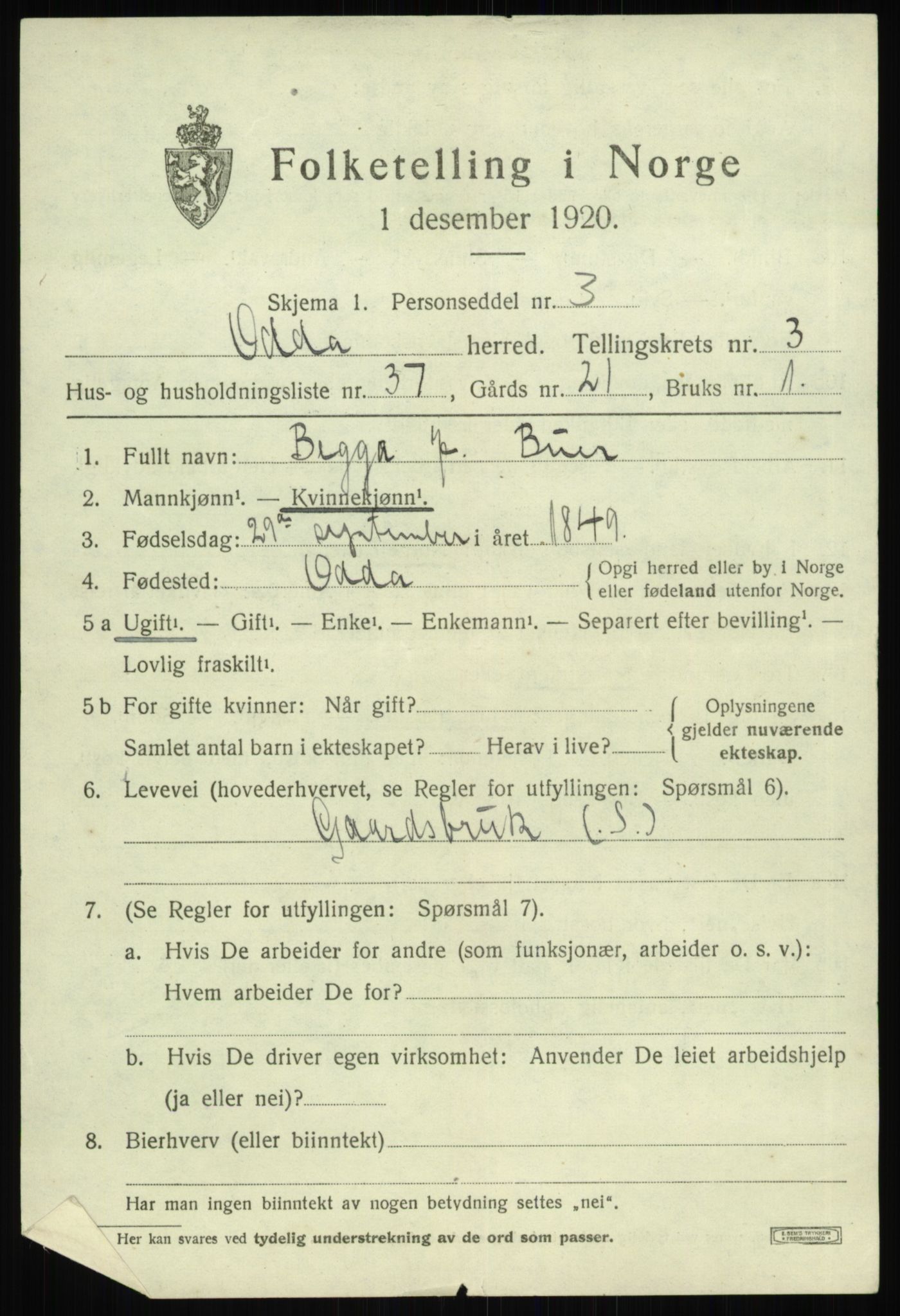 SAB, Folketelling 1920 for 1228 Odda herred, 1920, s. 2571