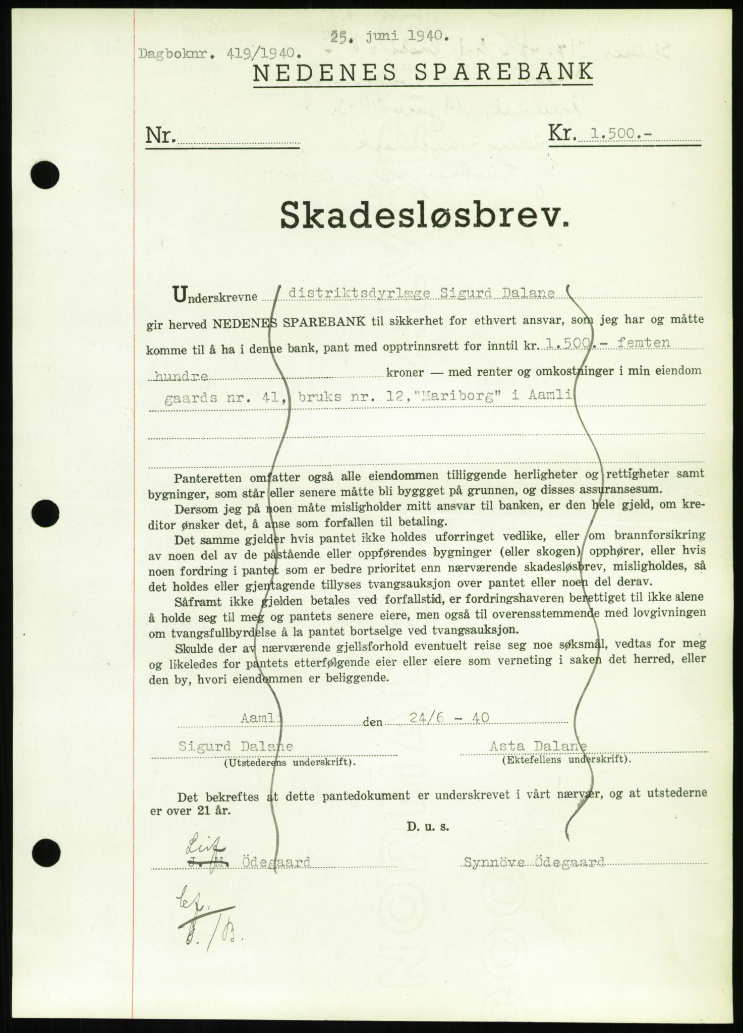 Nedenes sorenskriveri, SAK/1221-0006/G/Gb/Gbb/L0001: Pantebok nr. I, 1939-1942, Dagboknr: 419/1940