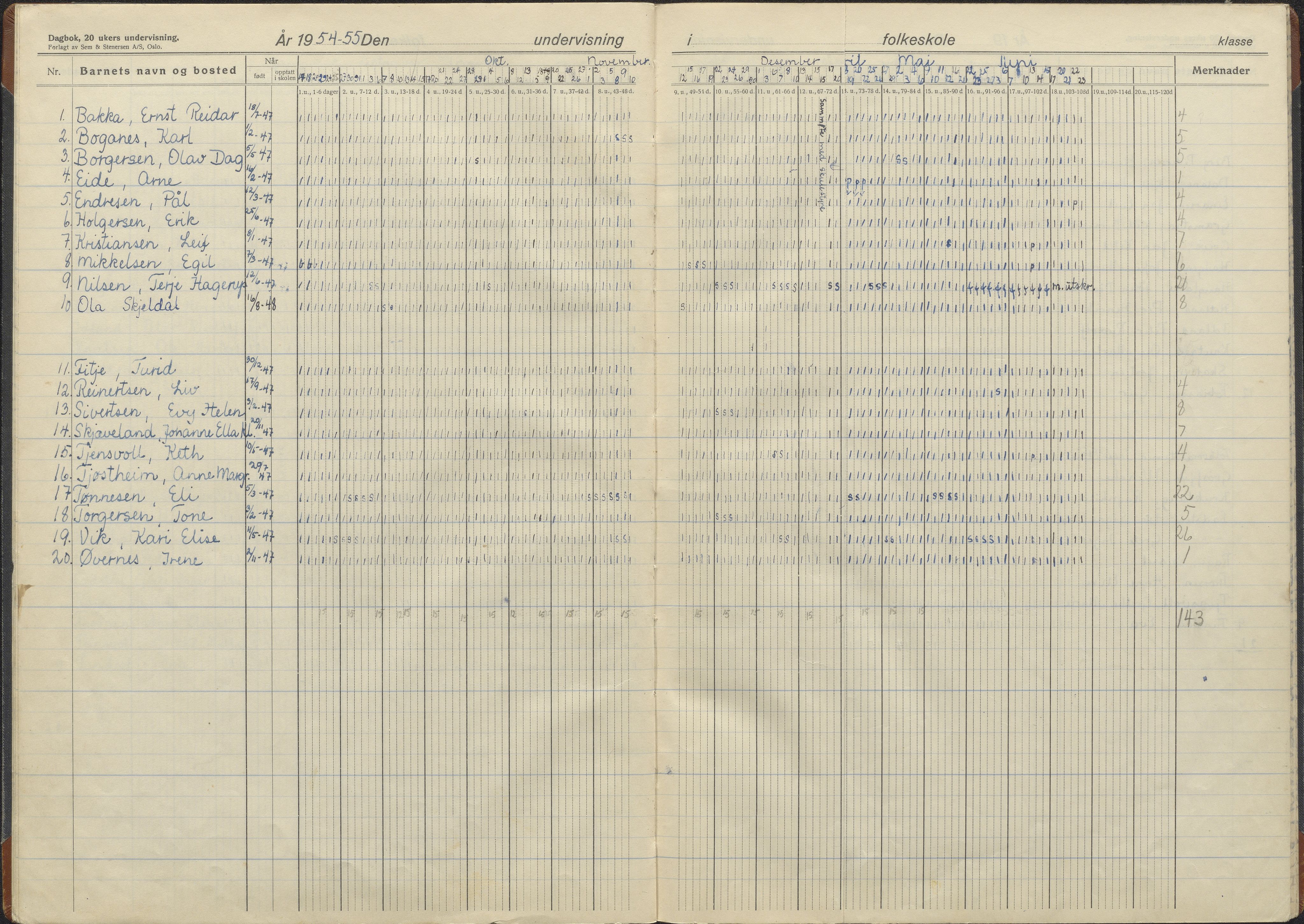 Hetland kommune. Jåtten skole, BYST/A-0148/G/Ga/L0018: Dagbok , 1952-1959