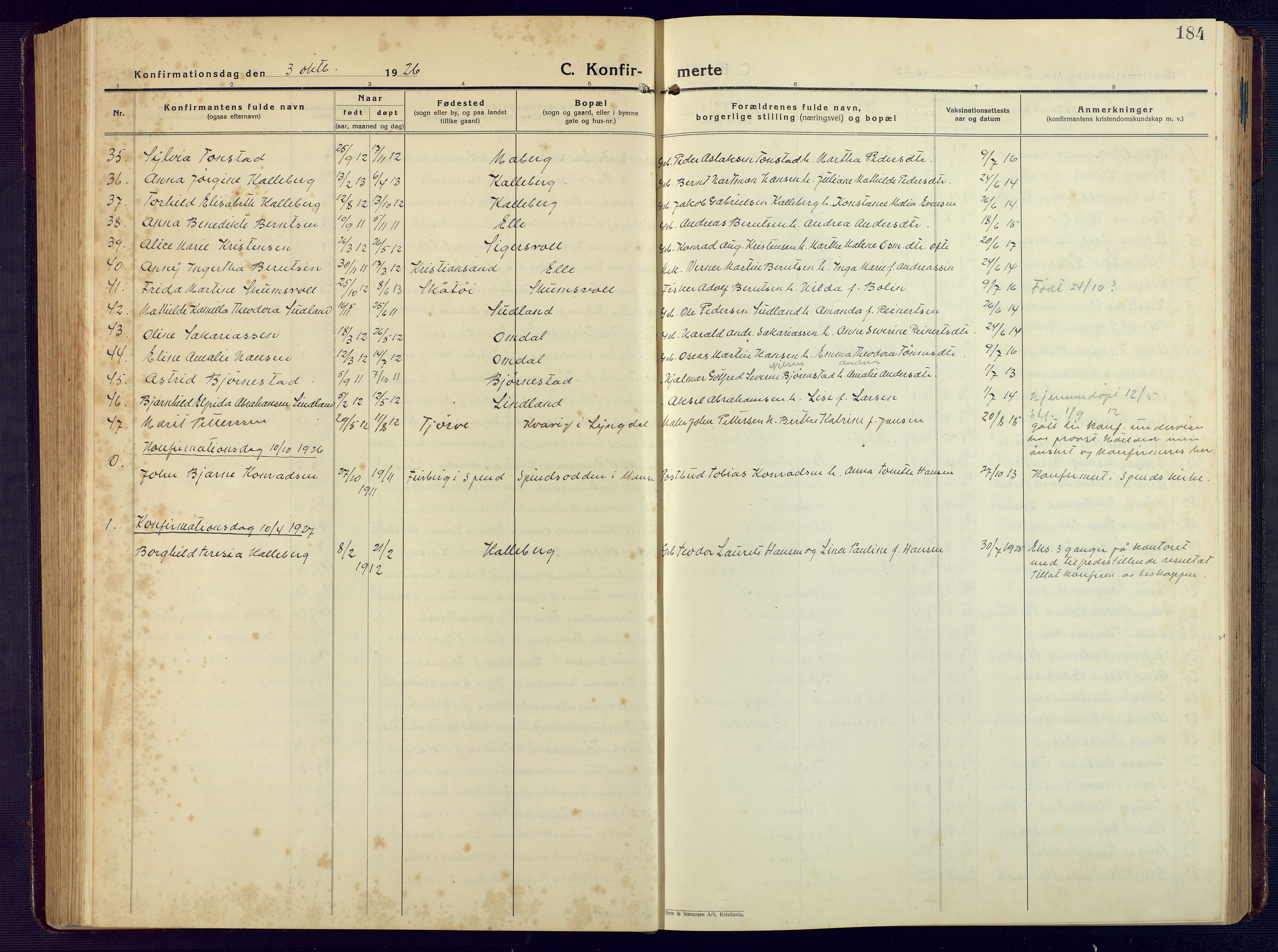 Lista sokneprestkontor, SAK/1111-0027/F/Fb/L0006: Klokkerbok nr. B 6, 1924-1947, s. 184