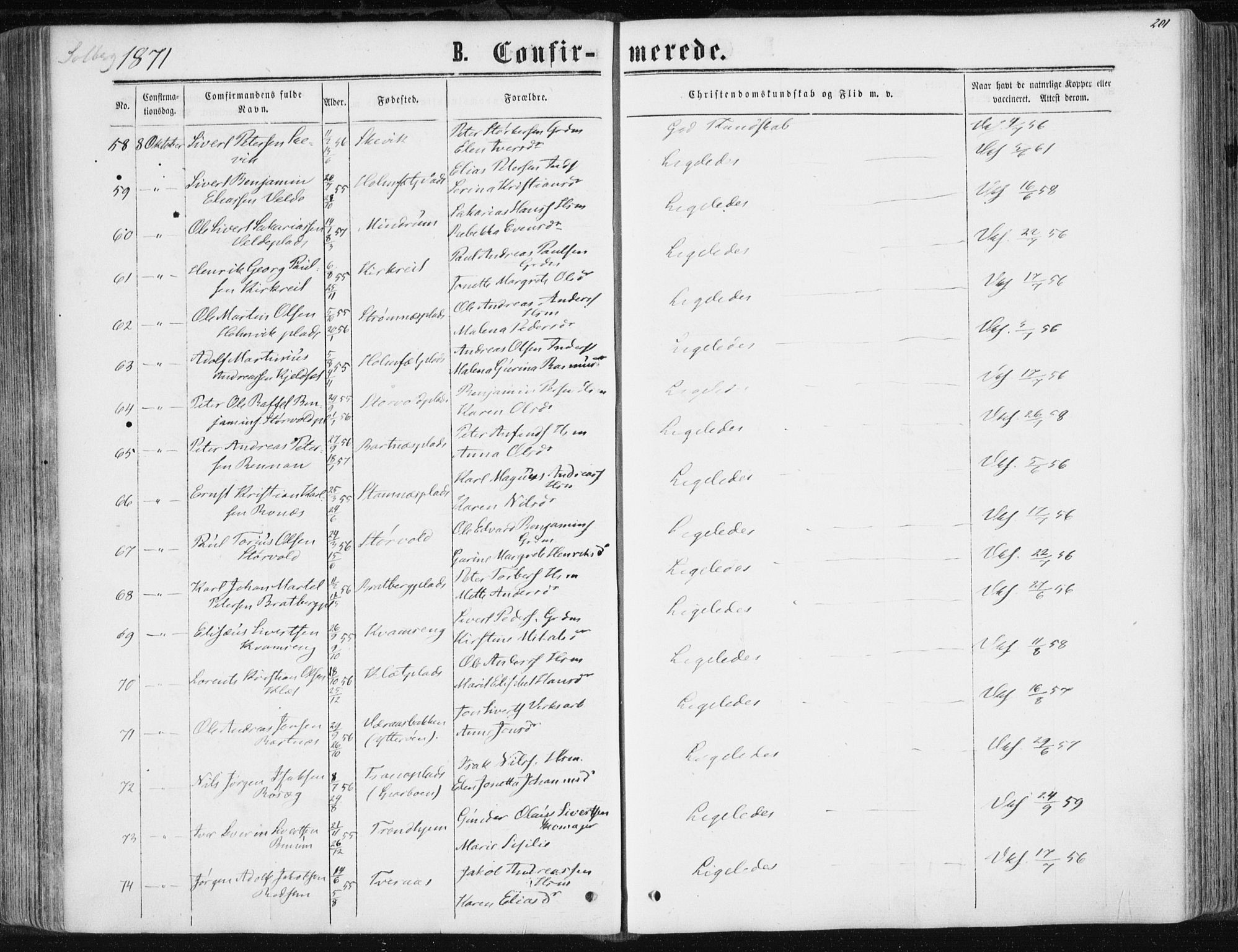 Ministerialprotokoller, klokkerbøker og fødselsregistre - Nord-Trøndelag, AV/SAT-A-1458/741/L0394: Ministerialbok nr. 741A08, 1864-1877, s. 201