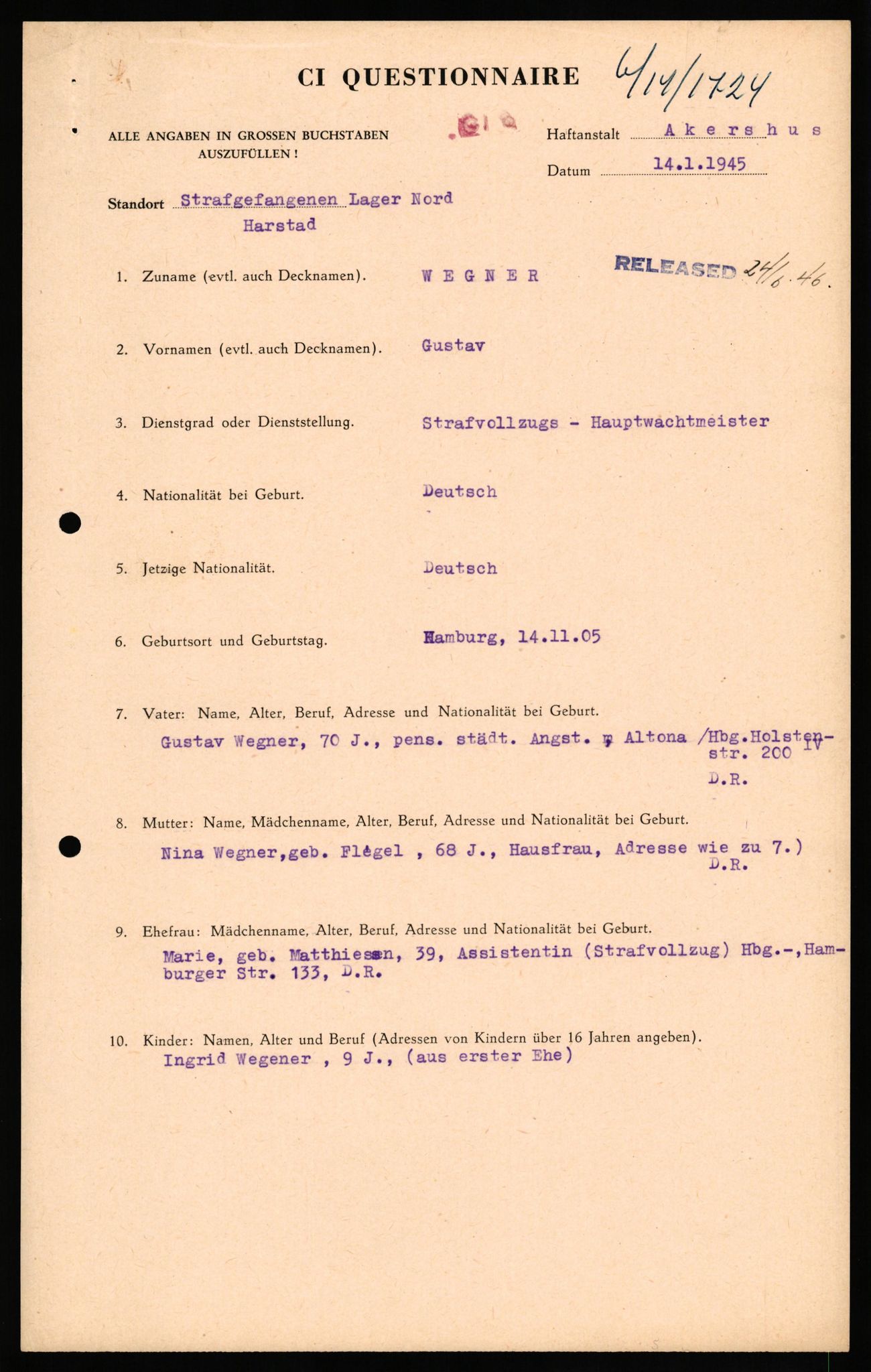 Forsvaret, Forsvarets overkommando II, RA/RAFA-3915/D/Db/L0035: CI Questionaires. Tyske okkupasjonsstyrker i Norge. Tyskere., 1945-1946, s. 92