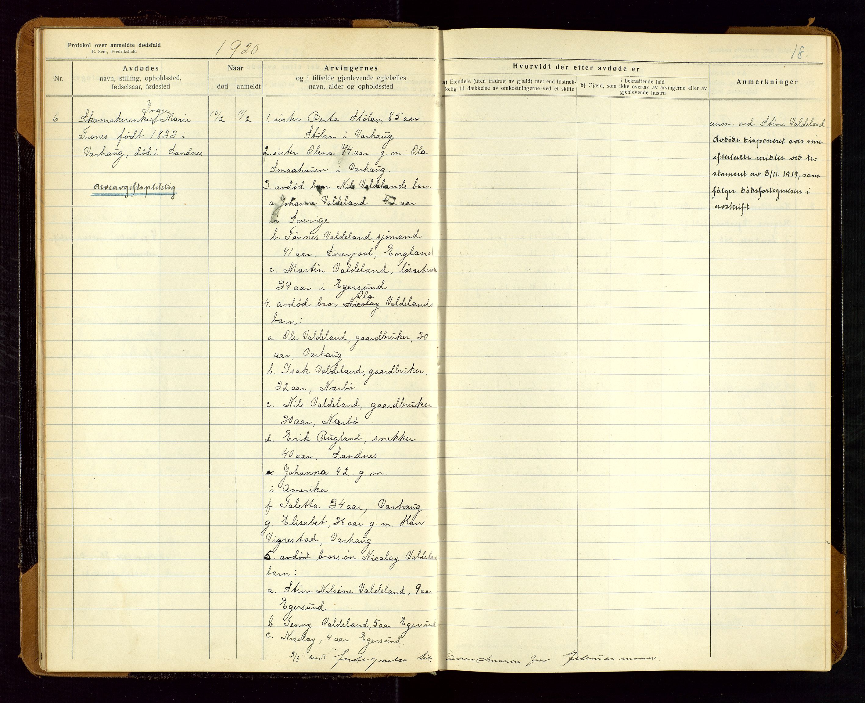 Sandnes lensmannskontor, SAST/A-100167/Gga/L0001: "Protokol over anmeldte dødsfald" m/register, 1918-1940, s. 18
