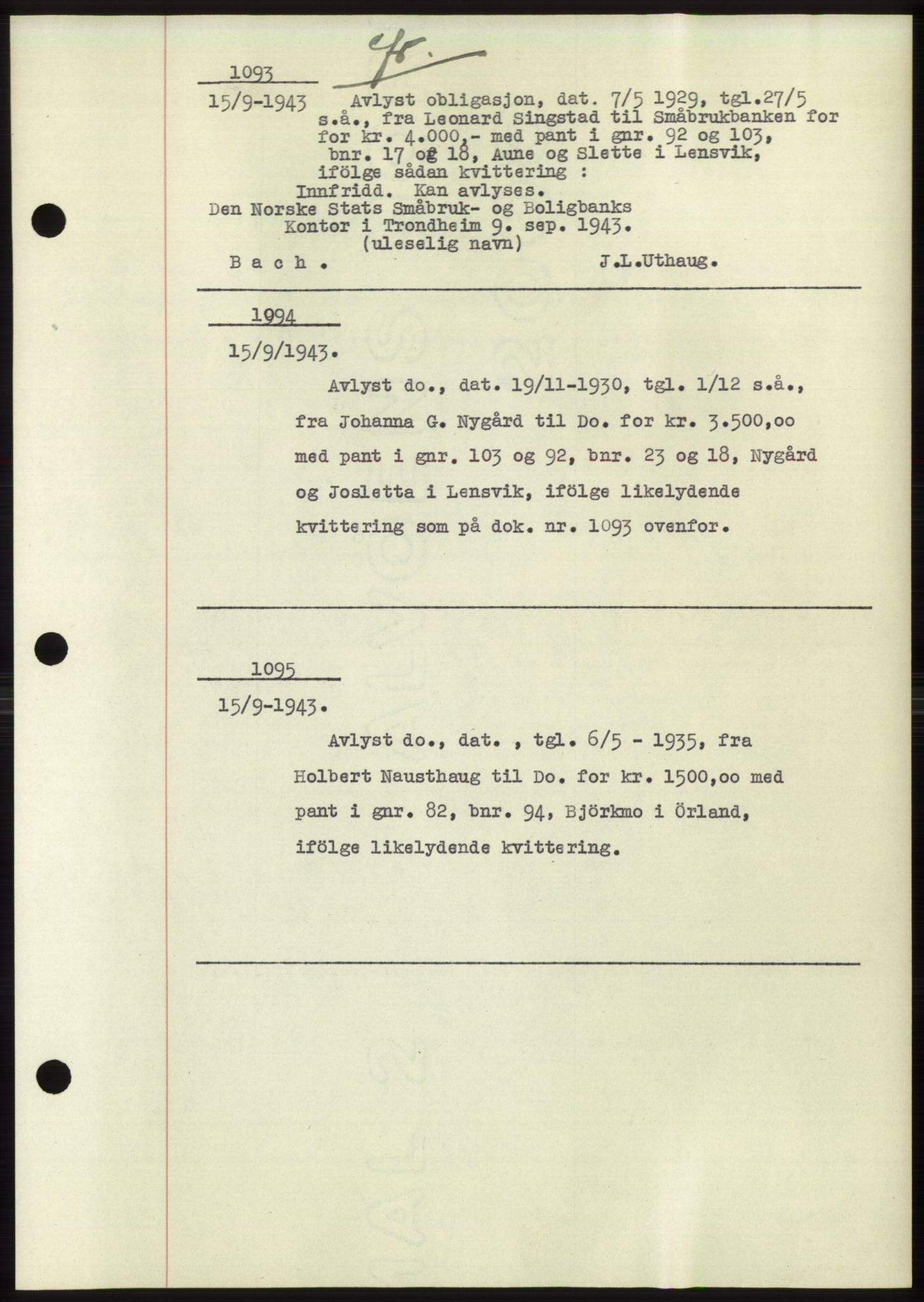 Fosen sorenskriveri, AV/SAT-A-1107/1/2/2C: Pantebok nr. B1, 1943-1946, Dagboknr: 1093/1943