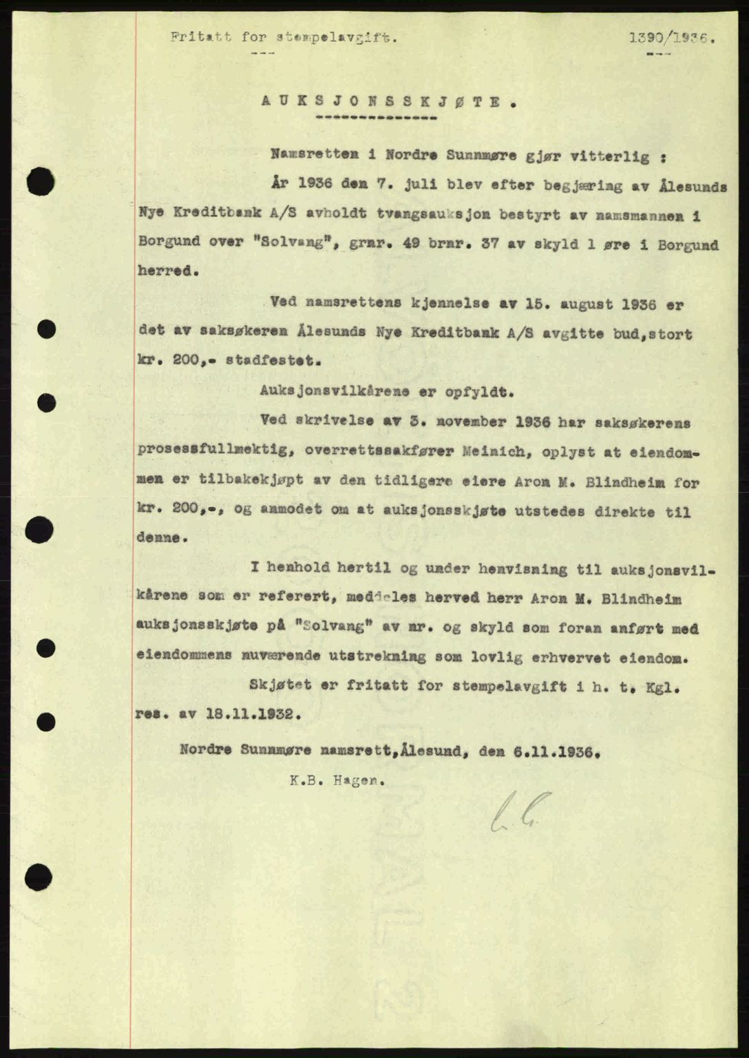 Nordre Sunnmøre sorenskriveri, SAT/A-0006/1/2/2C/2Ca: Pantebok nr. A2, 1936-1937, Dagboknr: 1390/1936