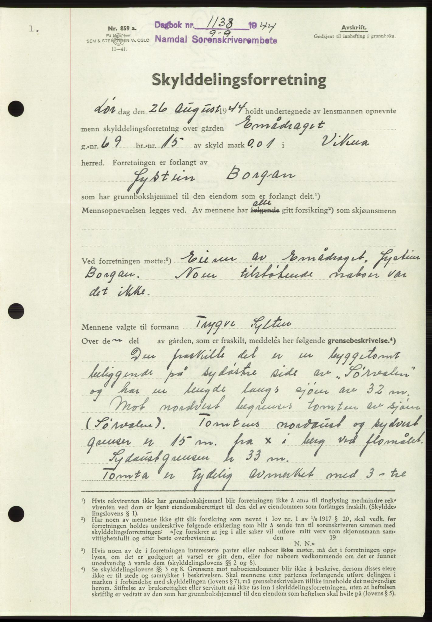 Namdal sorenskriveri, SAT/A-4133/1/2/2C: Pantebok nr. -, 1944-1945, Dagboknr: 1138/1944