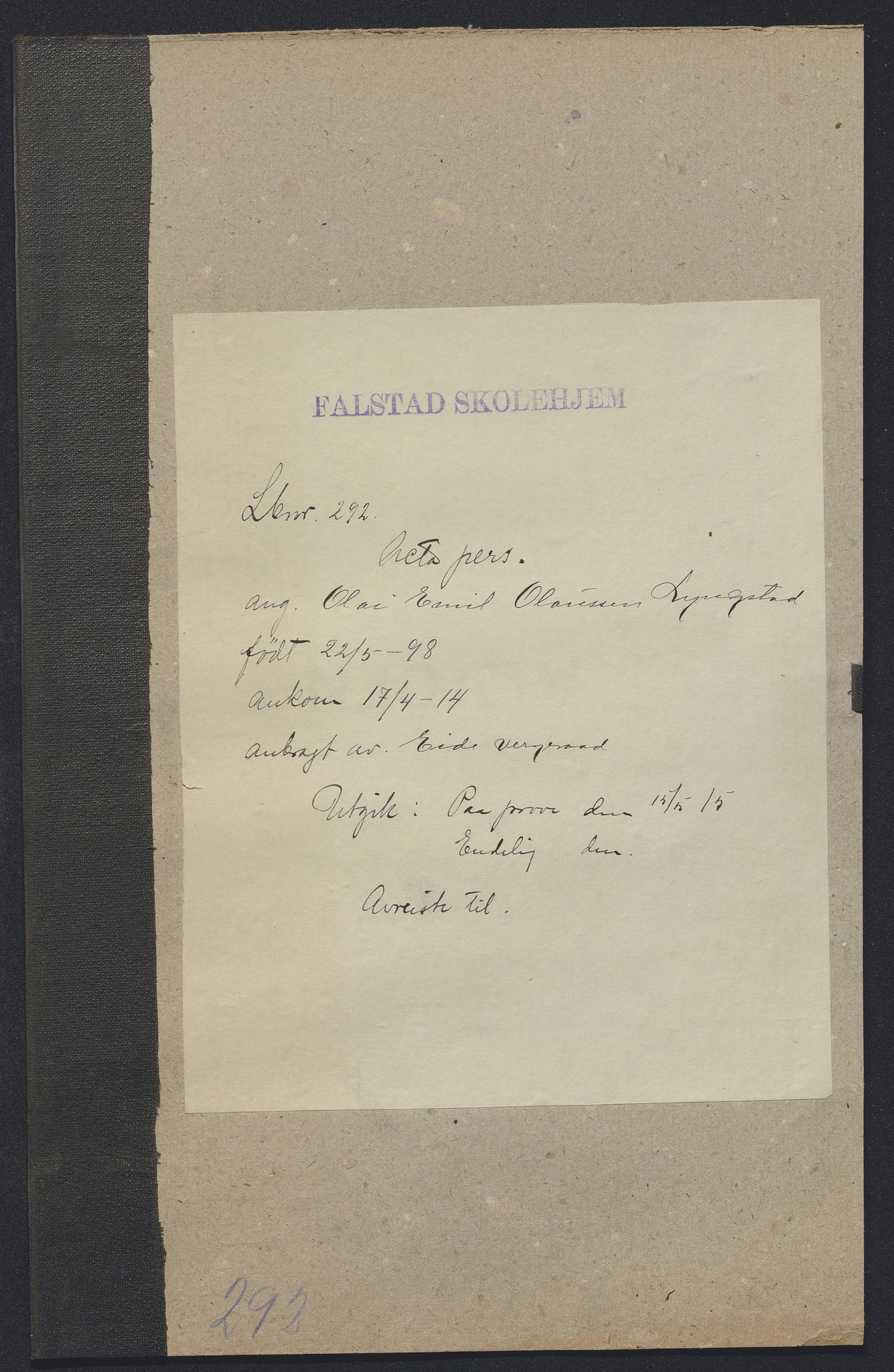 Falstad skolehjem, RA/S-1676/E/Eb/L0013: Elevmapper løpenr.. 286-307, 1914-1922, s. 149