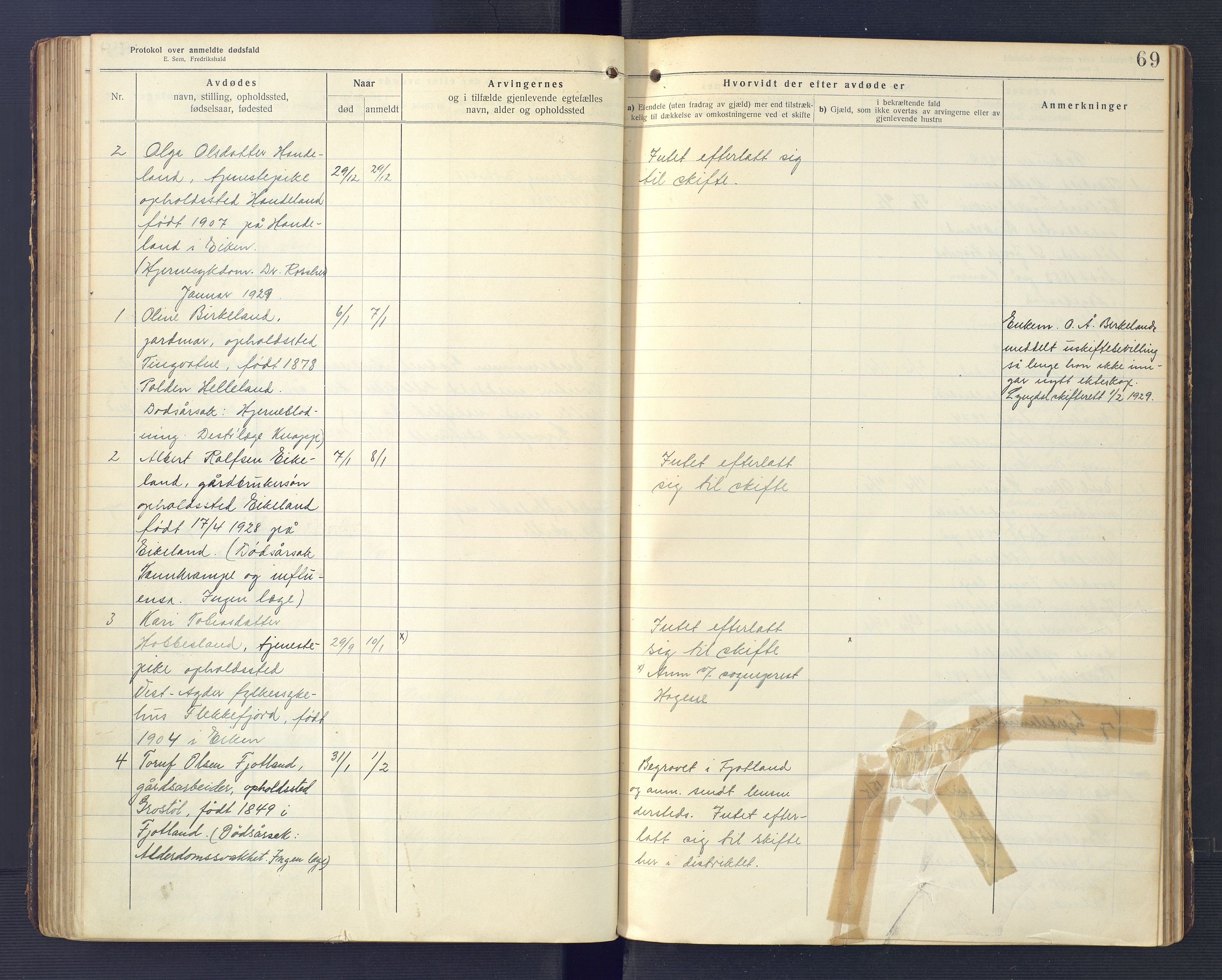 Hægebostad og Eiken lensmannskontor, AV/SAK-1241-0023/F/Fe/L0002: Dødsfallsprotokoll nr 34, 1917-1932, s. 69