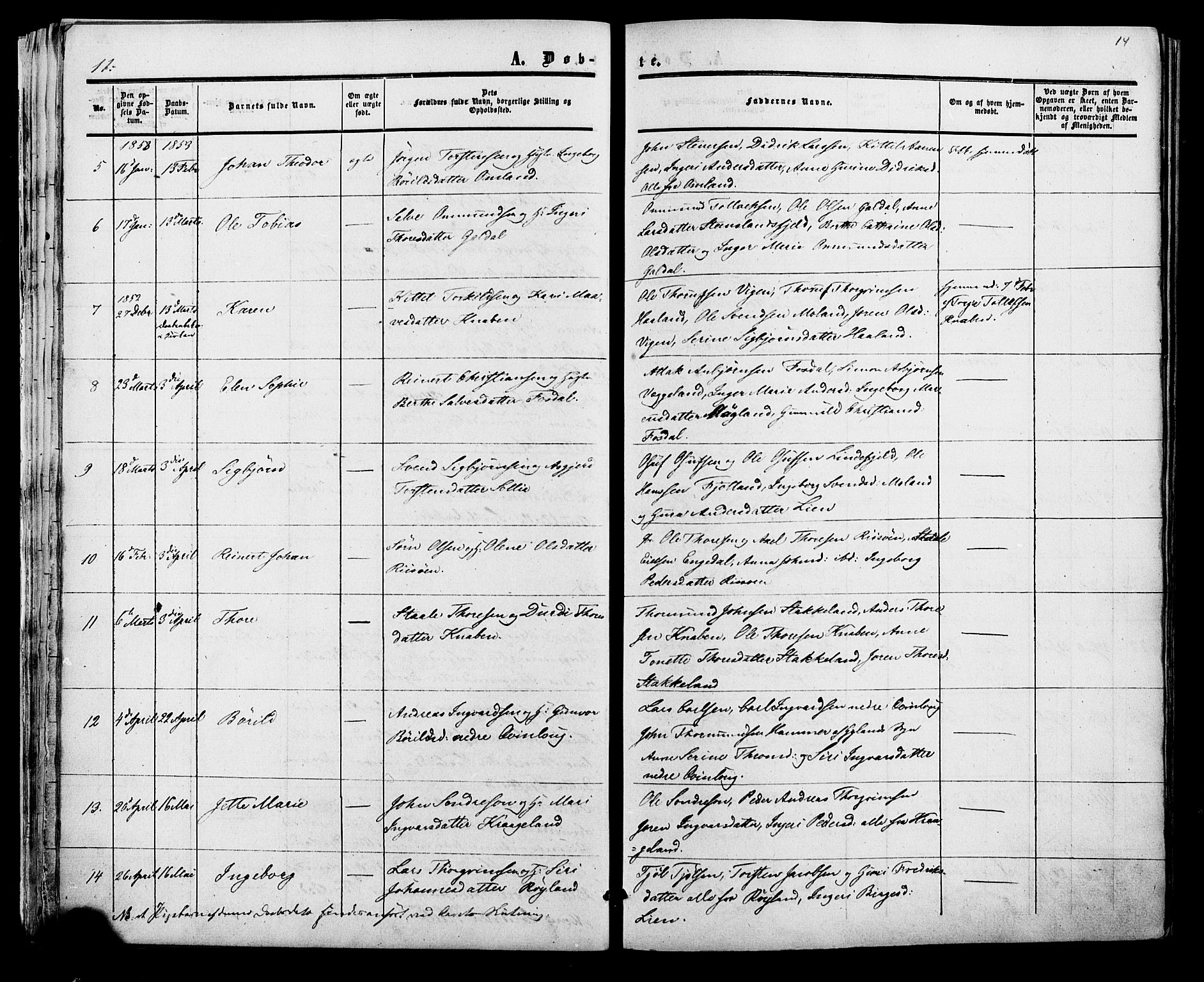 Fjotland sokneprestkontor, AV/SAK-1111-0010/F/Fa/L0001: Ministerialbok nr. A 1, 1850-1879, s. 14