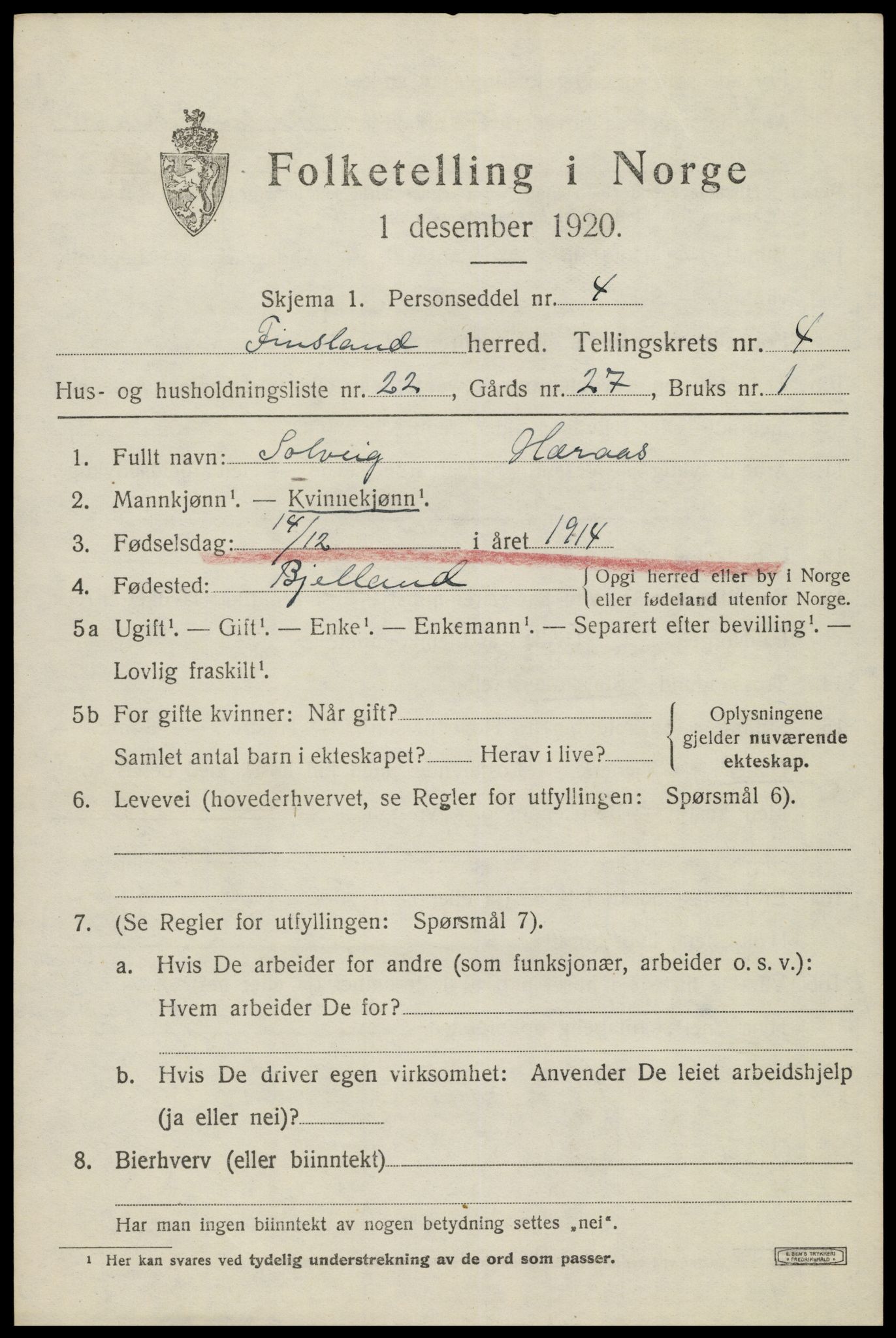 SAK, Folketelling 1920 for 1023 Finsland herred, 1920, s. 1790