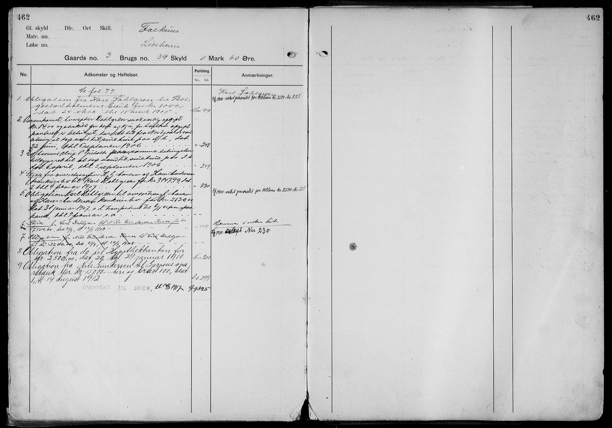 Gjerpen sorenskriveri, SAKO/A-216/G/Gb/Gbd/L0001: Panteregister nr. IV 1, s. 462