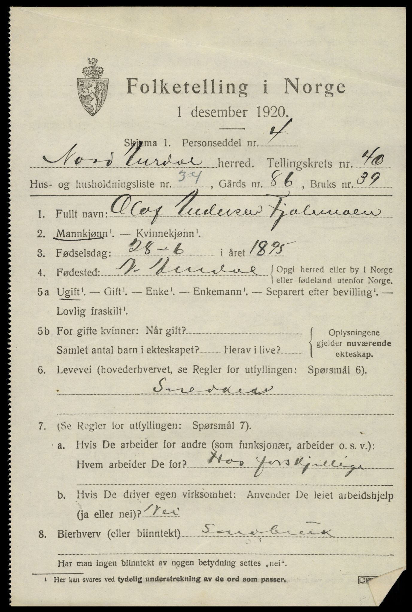 SAH, Folketelling 1920 for 0542 Nord-Aurdal herred, 1920, s. 4144