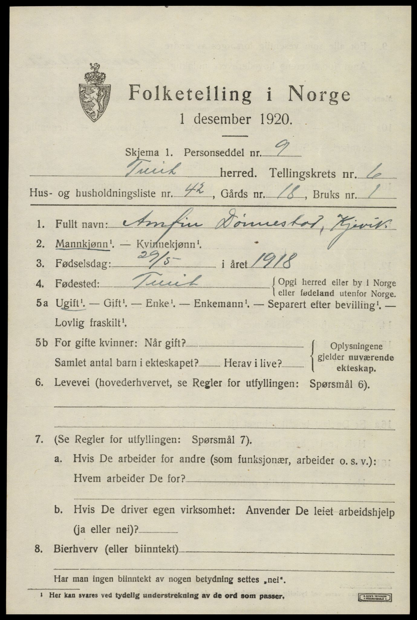 SAK, Folketelling 1920 for 1013 Tveit herred, 1920, s. 3162