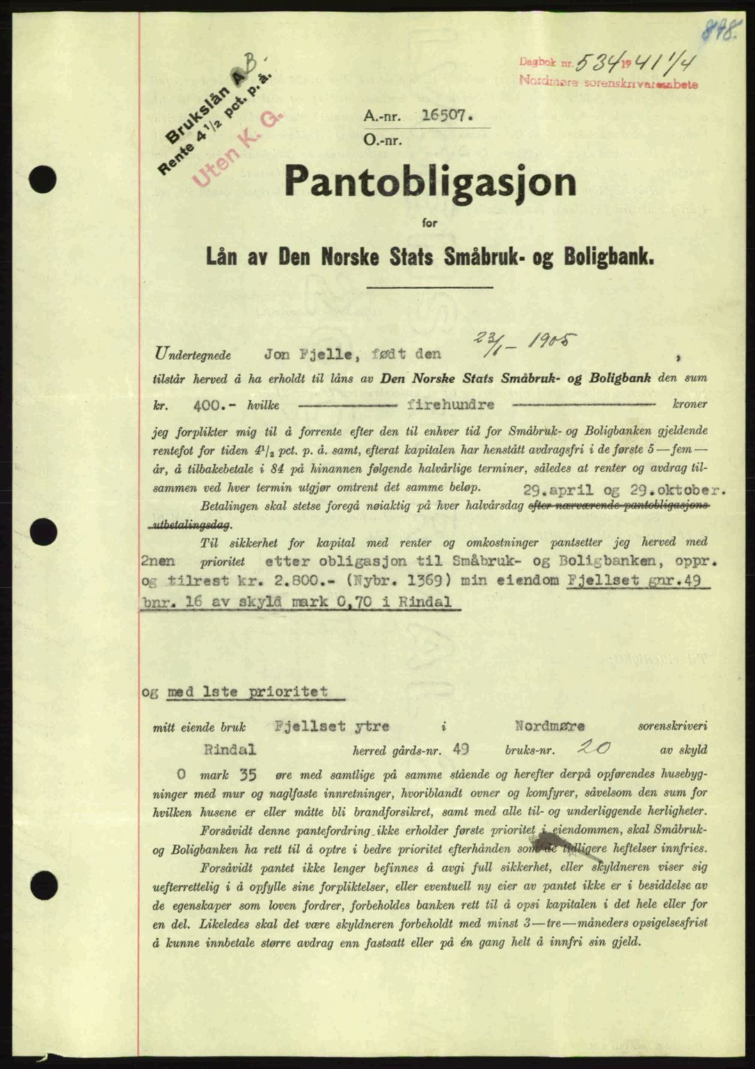 Nordmøre sorenskriveri, AV/SAT-A-4132/1/2/2Ca: Pantebok nr. B87, 1940-1941, Dagboknr: 534/1941