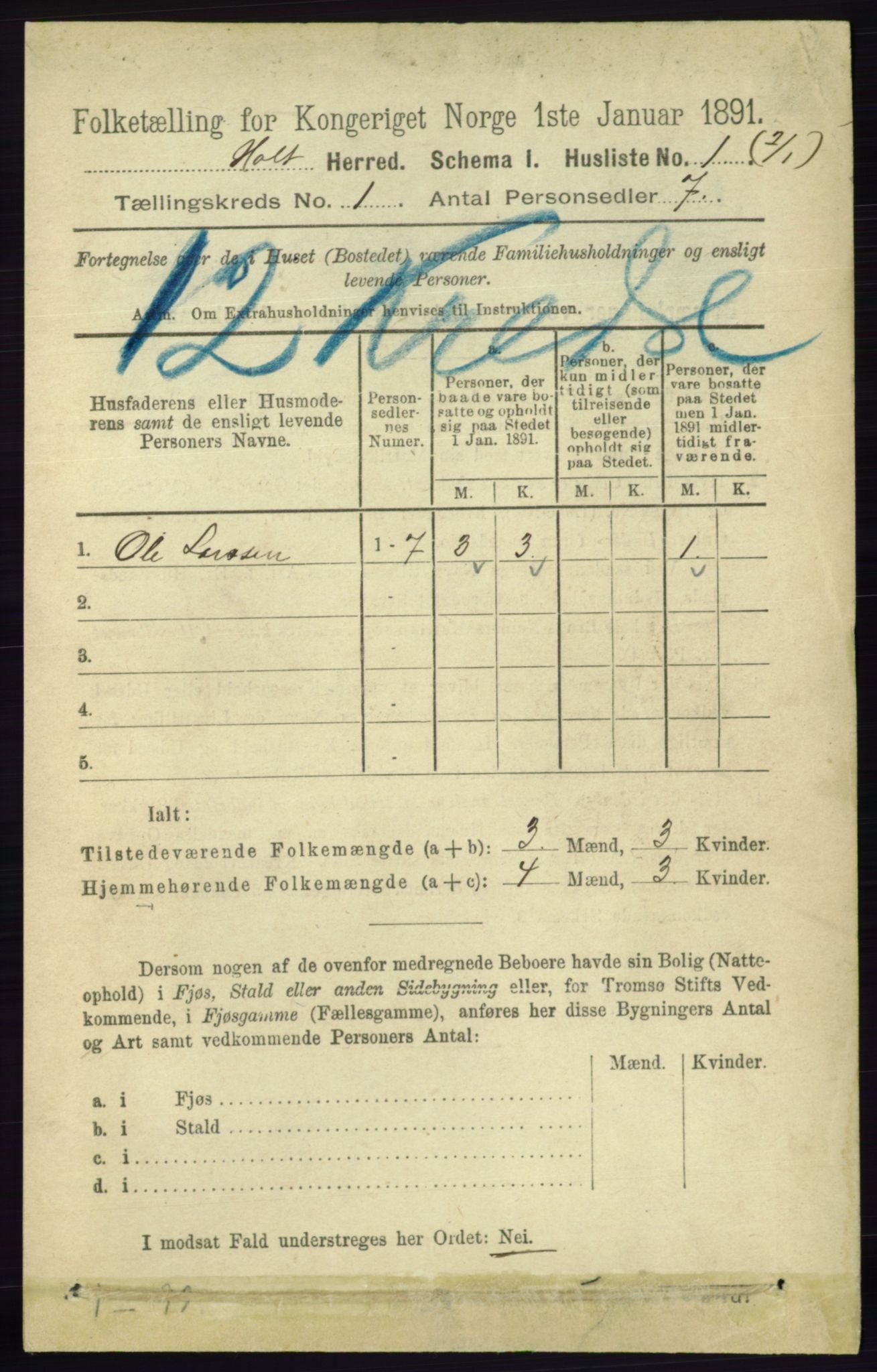 RA, Folketelling 1891 for 0914 Holt herred, 1891, s. 34