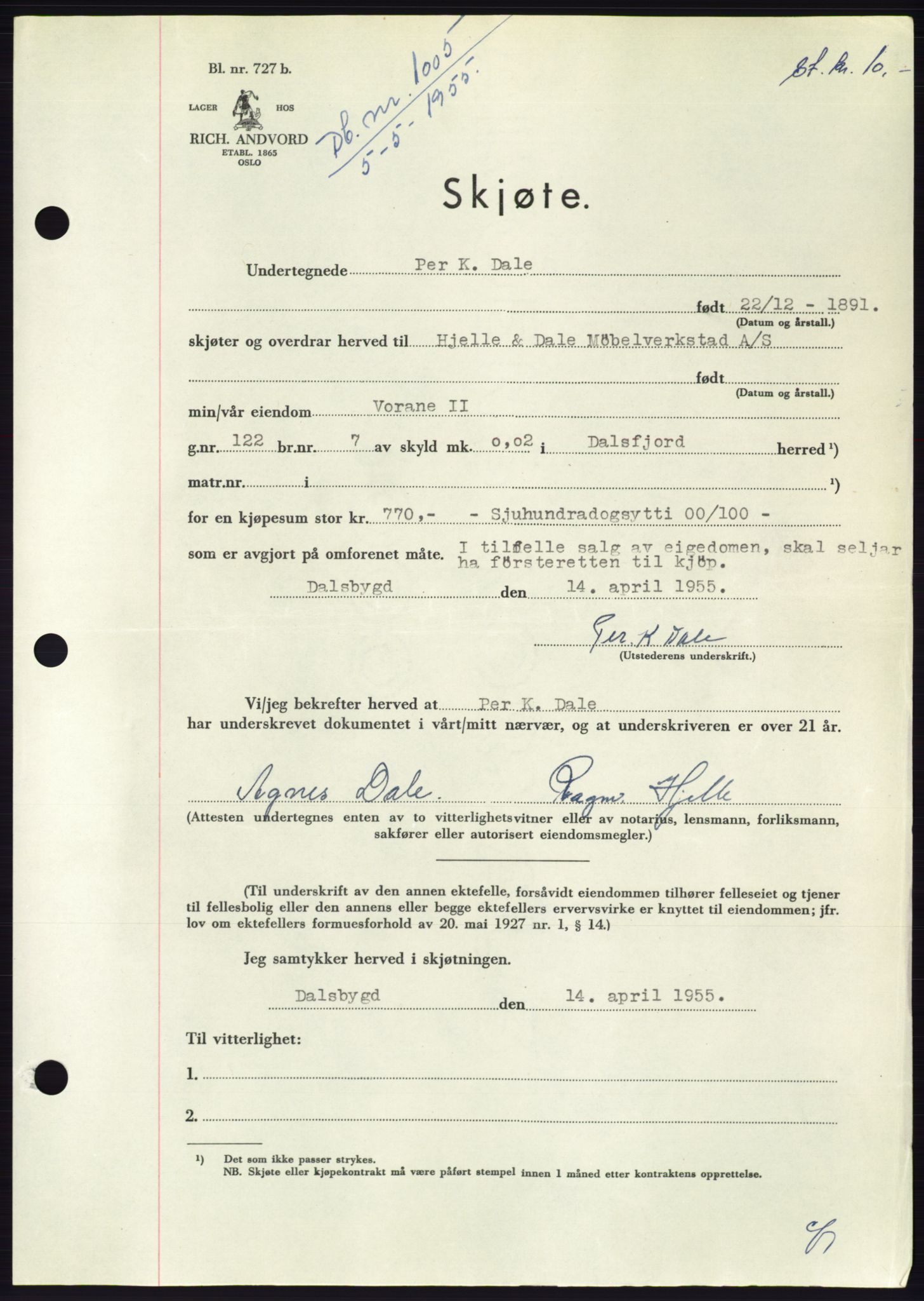 Søre Sunnmøre sorenskriveri, SAT/A-4122/1/2/2C/L0100: Pantebok nr. 26A, 1954-1955, Dagboknr: 1005/1955