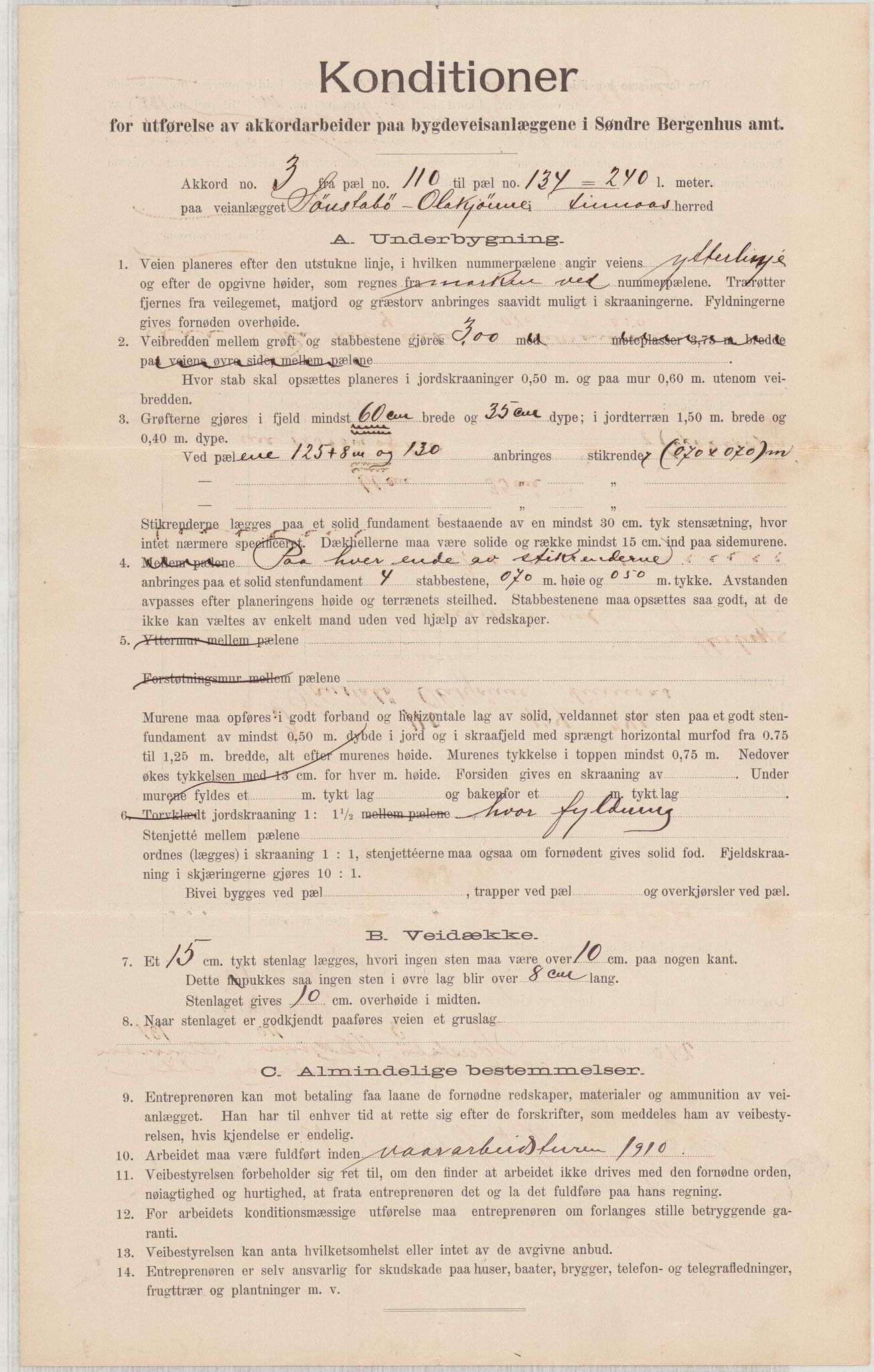 Finnaas kommune. Formannskapet, IKAH/1218a-021/E/Ea/L0001/0006: Rekneskap for veganlegg / Rekneskap for veganlegget Sønstabø - Olakjødn, 1909-1914, s. 7