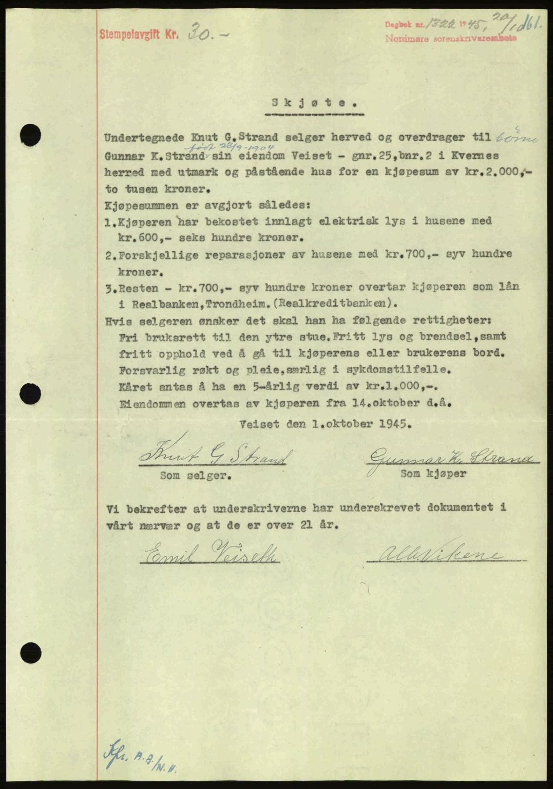 Nordmøre sorenskriveri, AV/SAT-A-4132/1/2/2Ca: Pantebok nr. A100a, 1945-1945, Dagboknr: 1322/1945