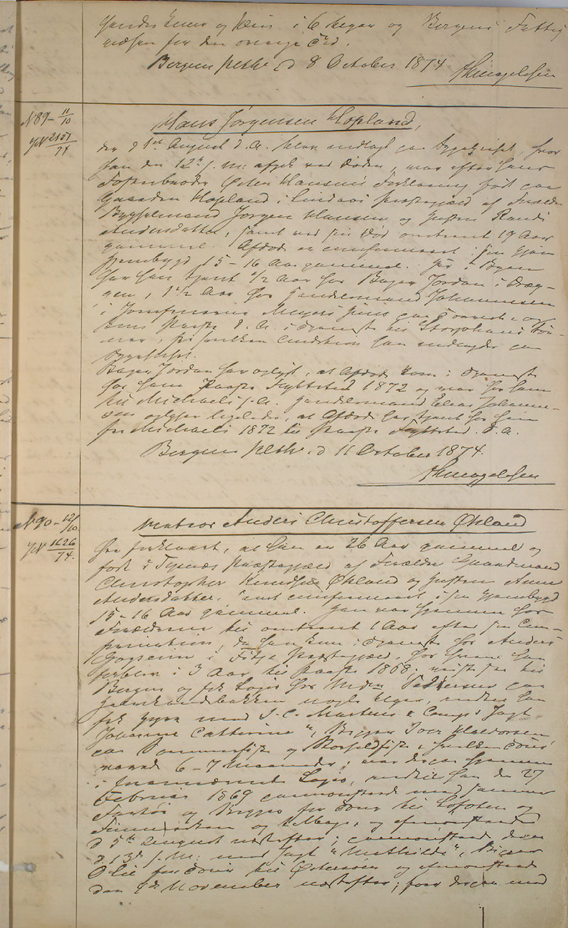 Bergen politikammer / politidistrikt, AV/SAB-A-60401/I/Ic, 1874-1878