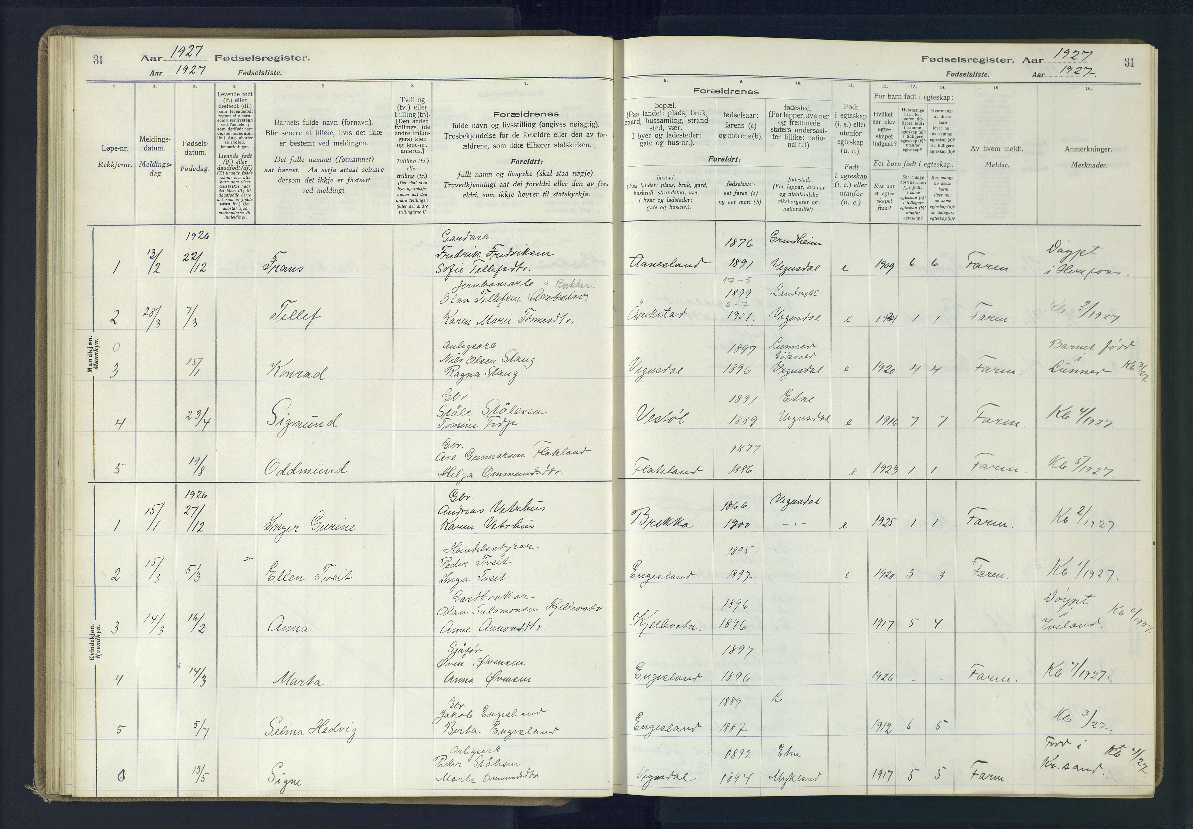 Herefoss sokneprestkontor, AV/SAK-1111-0019/J/Ja/L0002: Fødselsregister nr. II.6.11, 1916-1982, s. 31