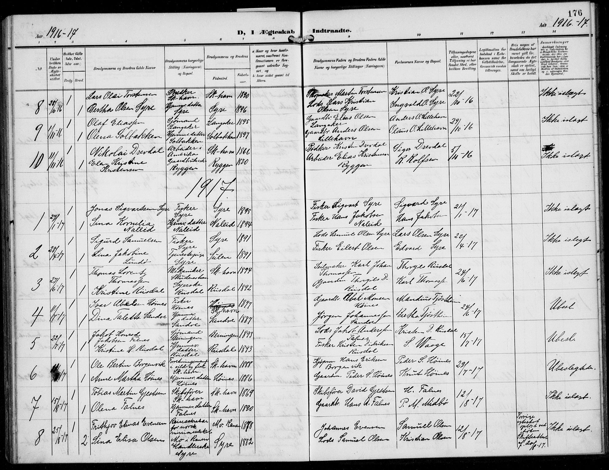 Skudenes sokneprestkontor, AV/SAST-A -101849/H/Ha/Hab/L0009: Klokkerbok nr. B 9, 1908-1936, s. 176