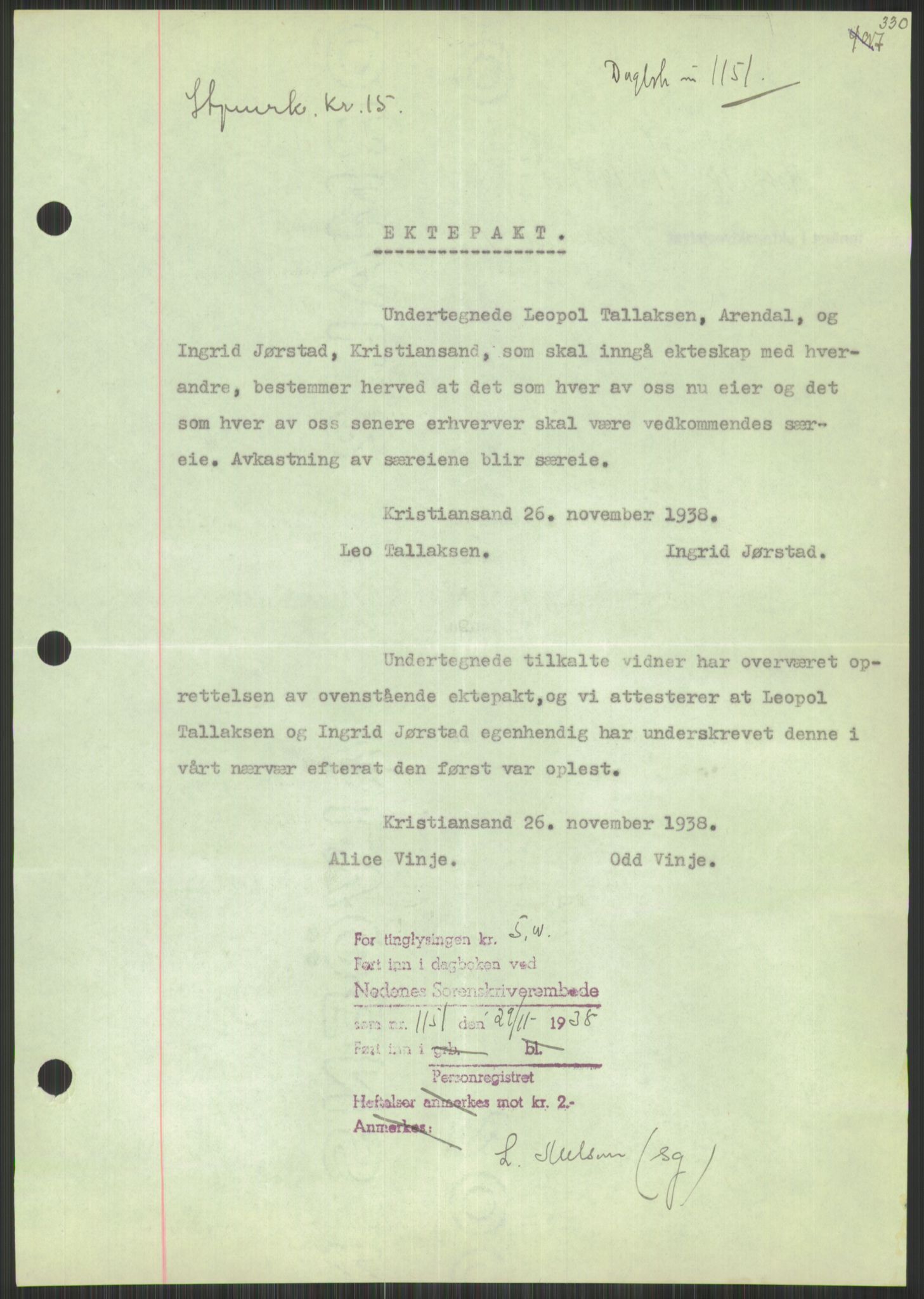 Oslo byskriverembete, AV/SAO-A-10227/2/G/Gb/L0047: Tinglyste ektepakter, Aust-Agder, bind 1-2, 1928-1950