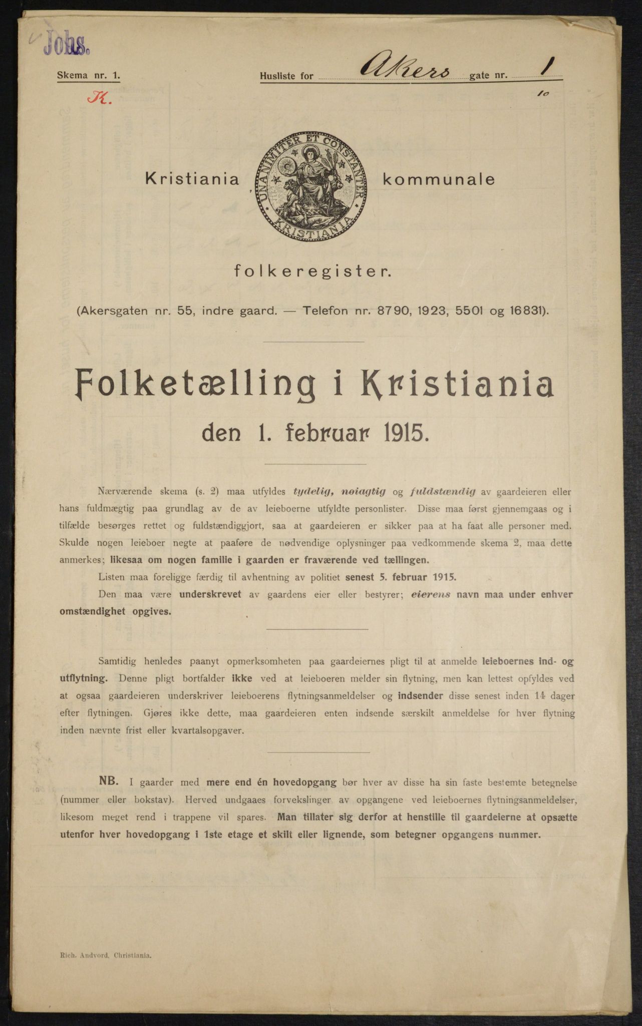OBA, Kommunal folketelling 1.2.1915 for Kristiania, 1915, s. 311