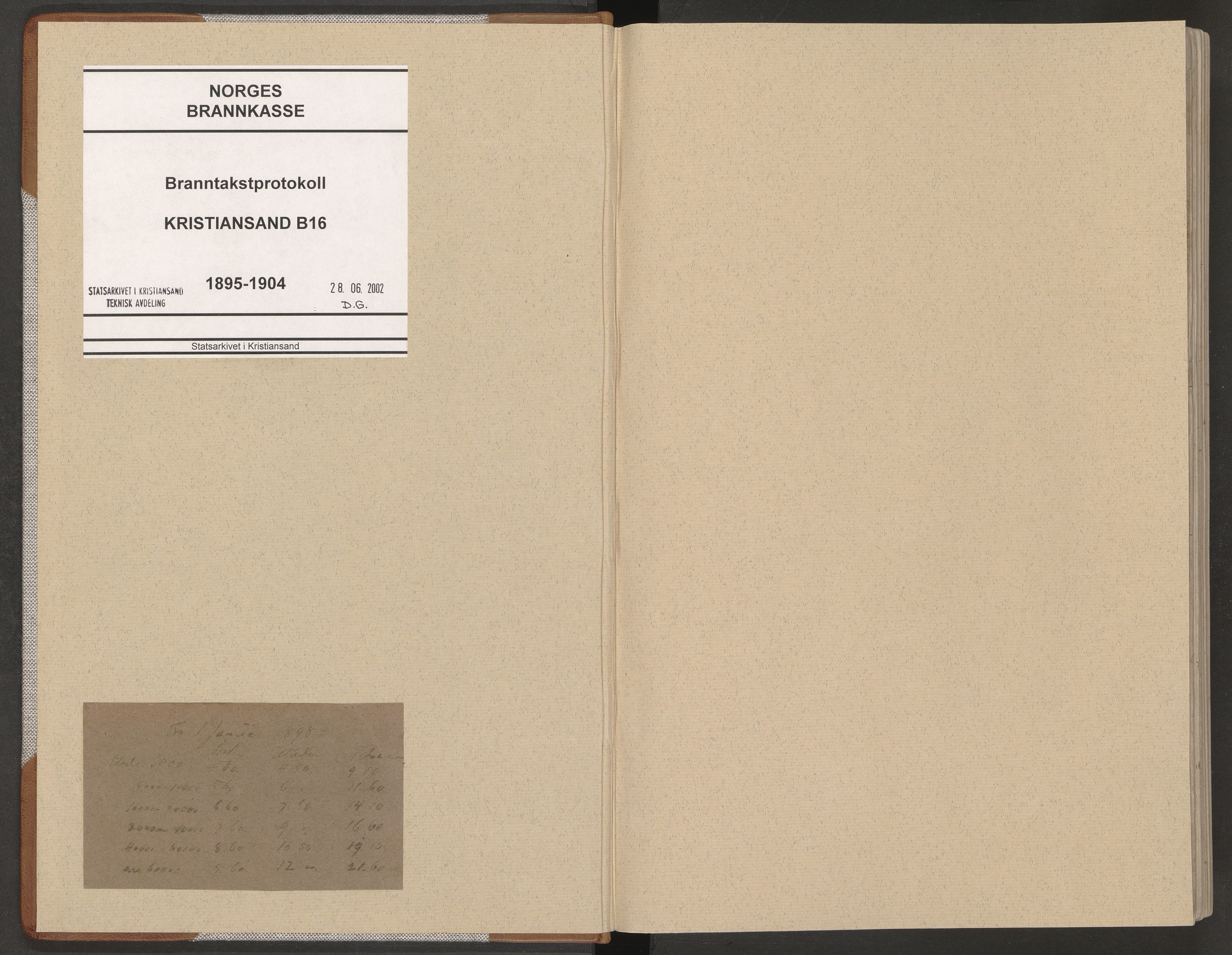 Norges Brannkasse Kristiansand, AV/SAK-2241-0030/F/Fa/L0033: Branntakstprotokoll nr. B16, 1895-1904