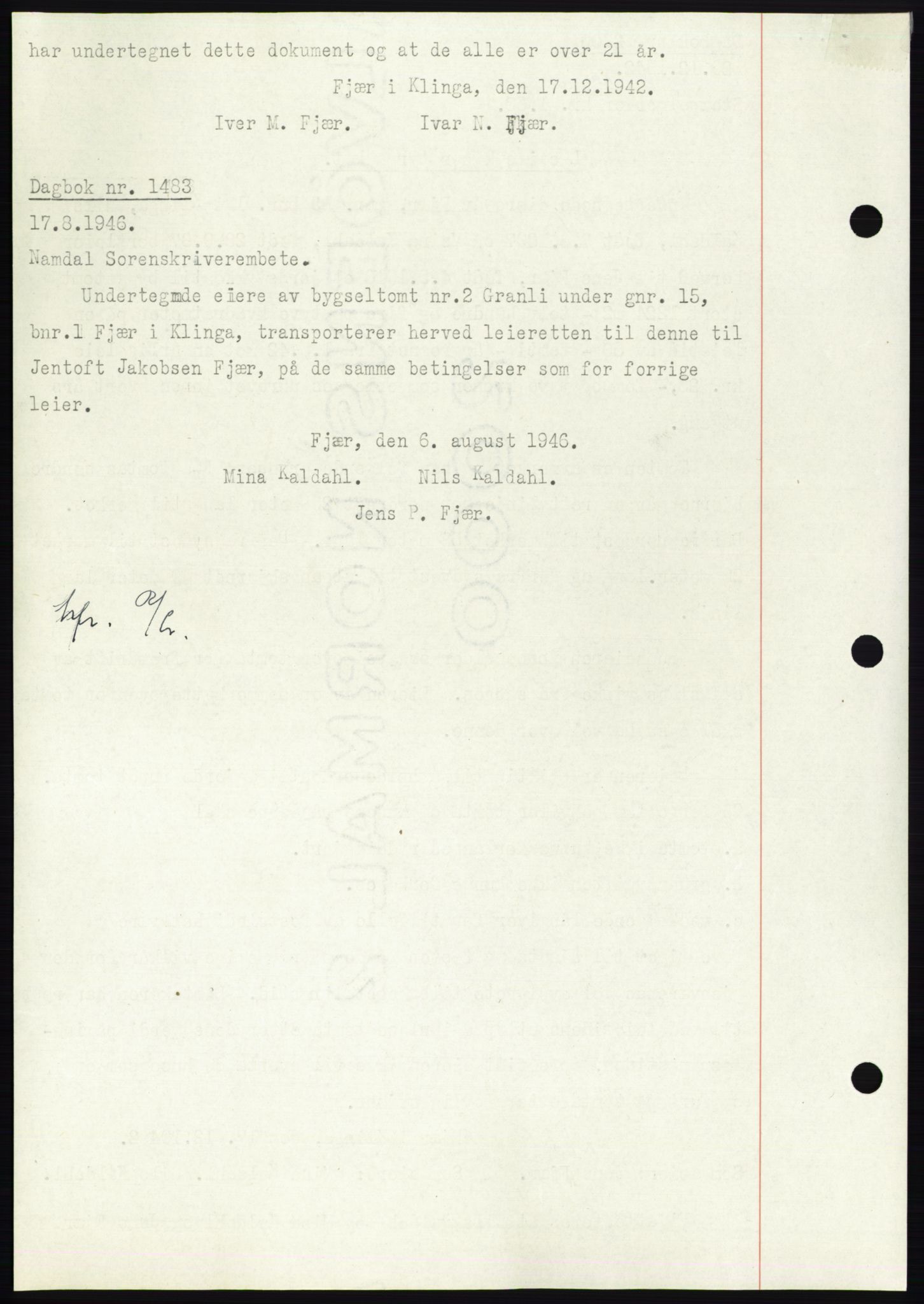 Namdal sorenskriveri, SAT/A-4133/1/2/2C: Pantebok nr. -, 1942-1943, Dagboknr: 1483/1942