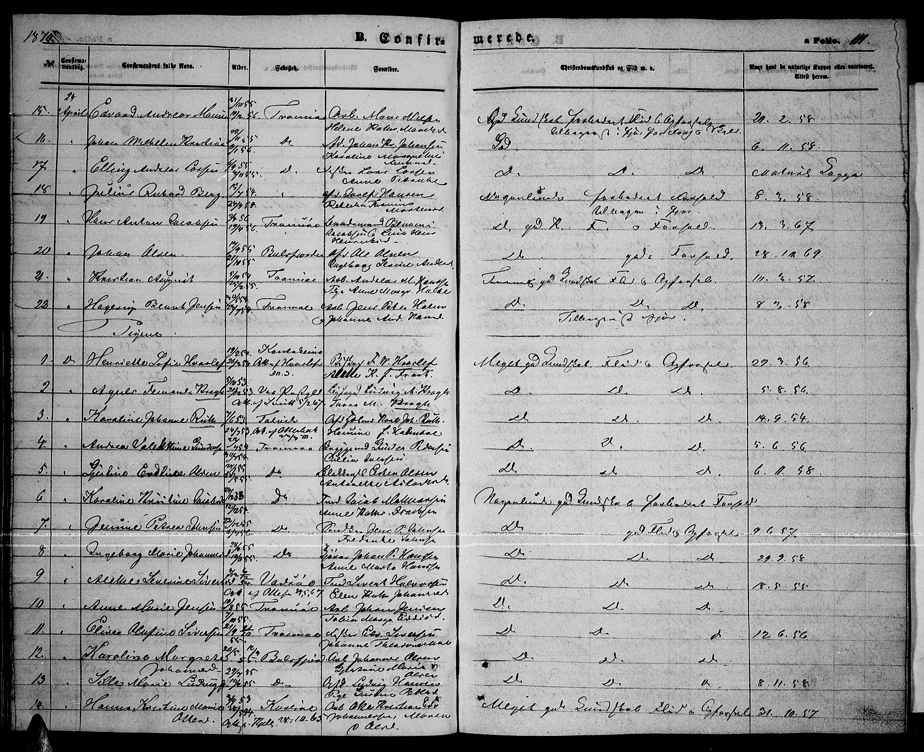 Tromsø sokneprestkontor/stiftsprosti/domprosti, AV/SATØ-S-1343/G/Gb/L0007klokker: Klokkerbok nr. 7, 1867-1875, s. 111