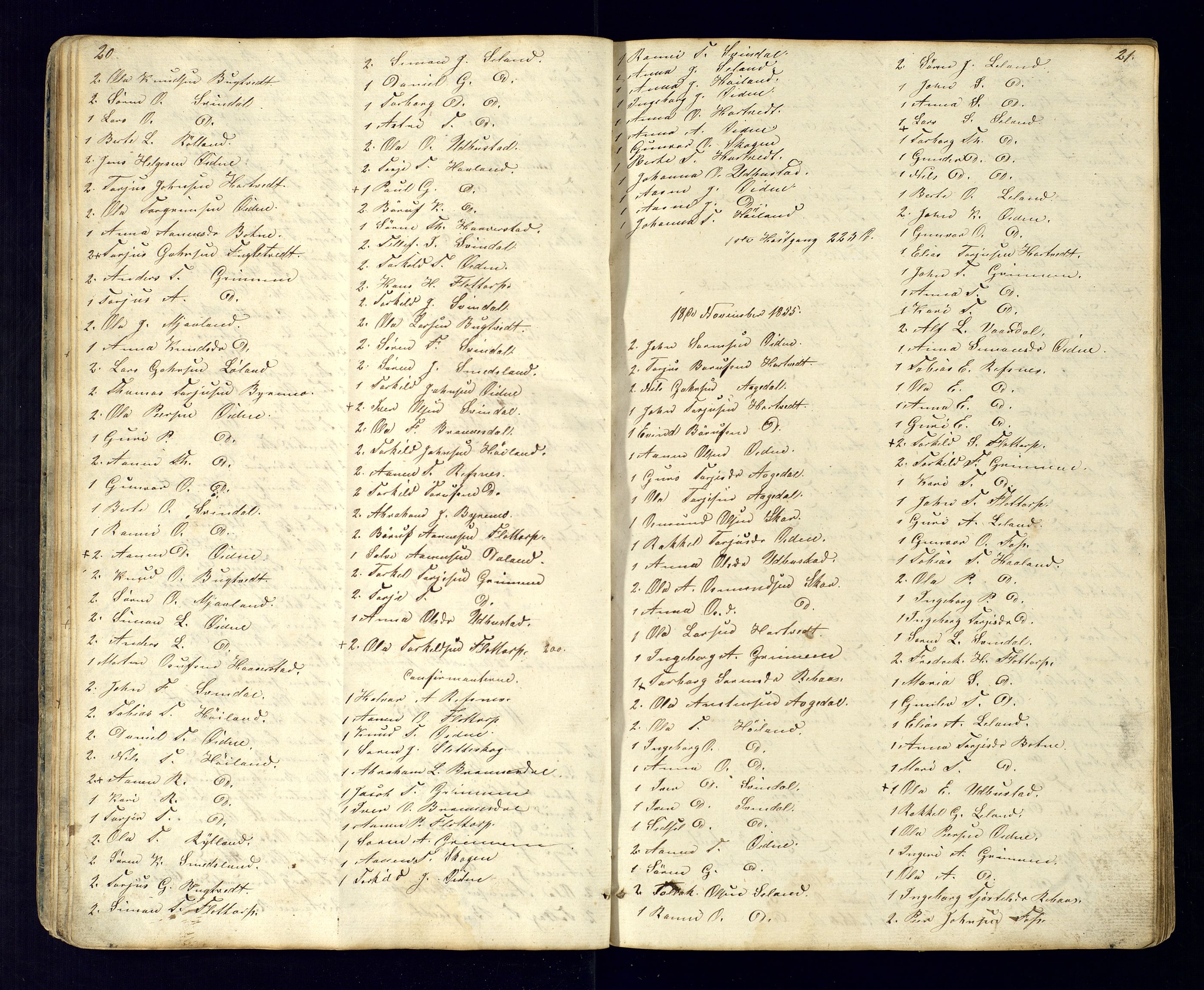 Bjelland sokneprestkontor, AV/SAK-1111-0005/F/Fc/Fcc/L0003: Kommunikantprotokoll nr. C-3, 1853-1883, s. 20-21