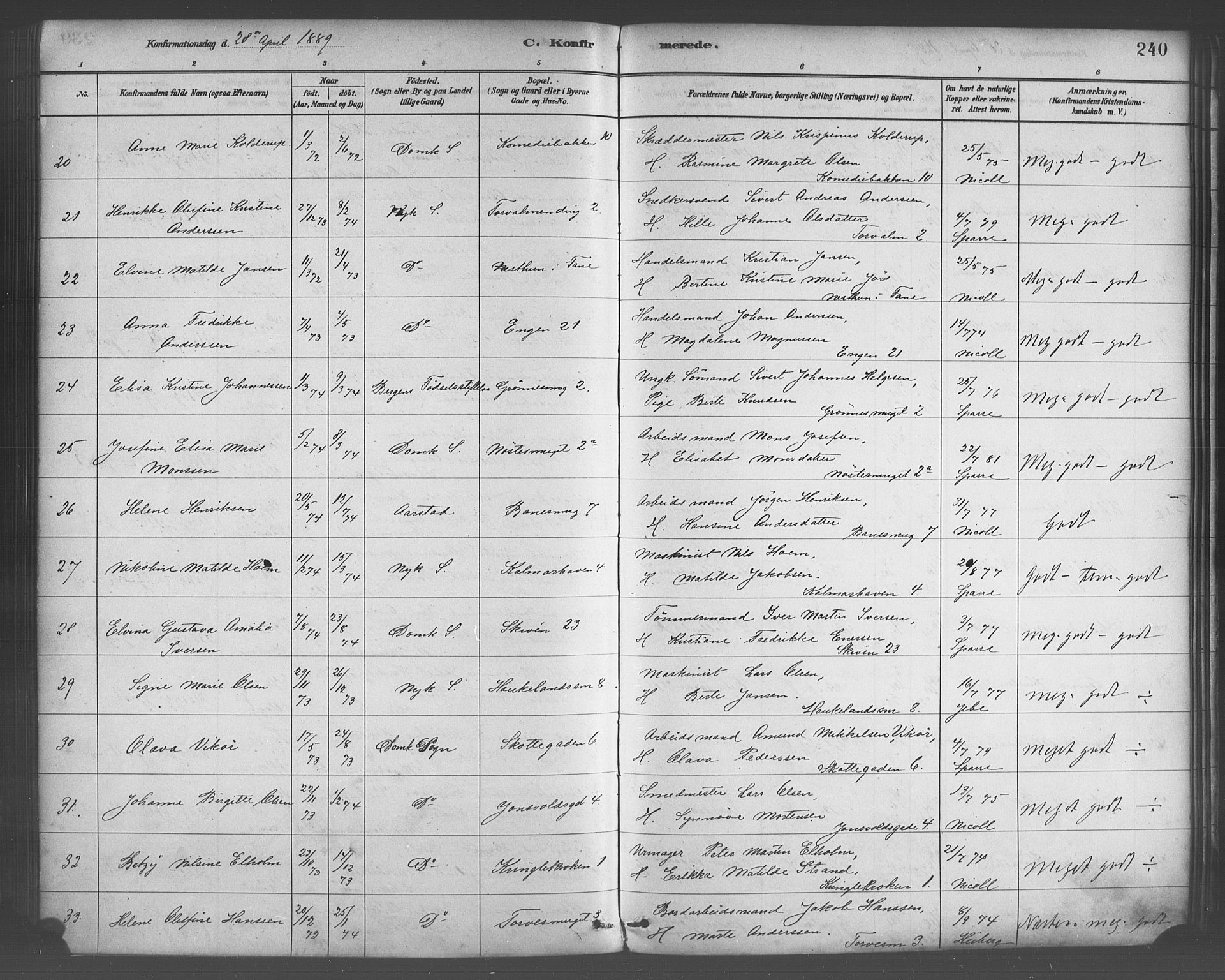 Domkirken sokneprestembete, AV/SAB-A-74801/H/Haa/L0030: Ministerialbok nr. C 5, 1880-1898, s. 240