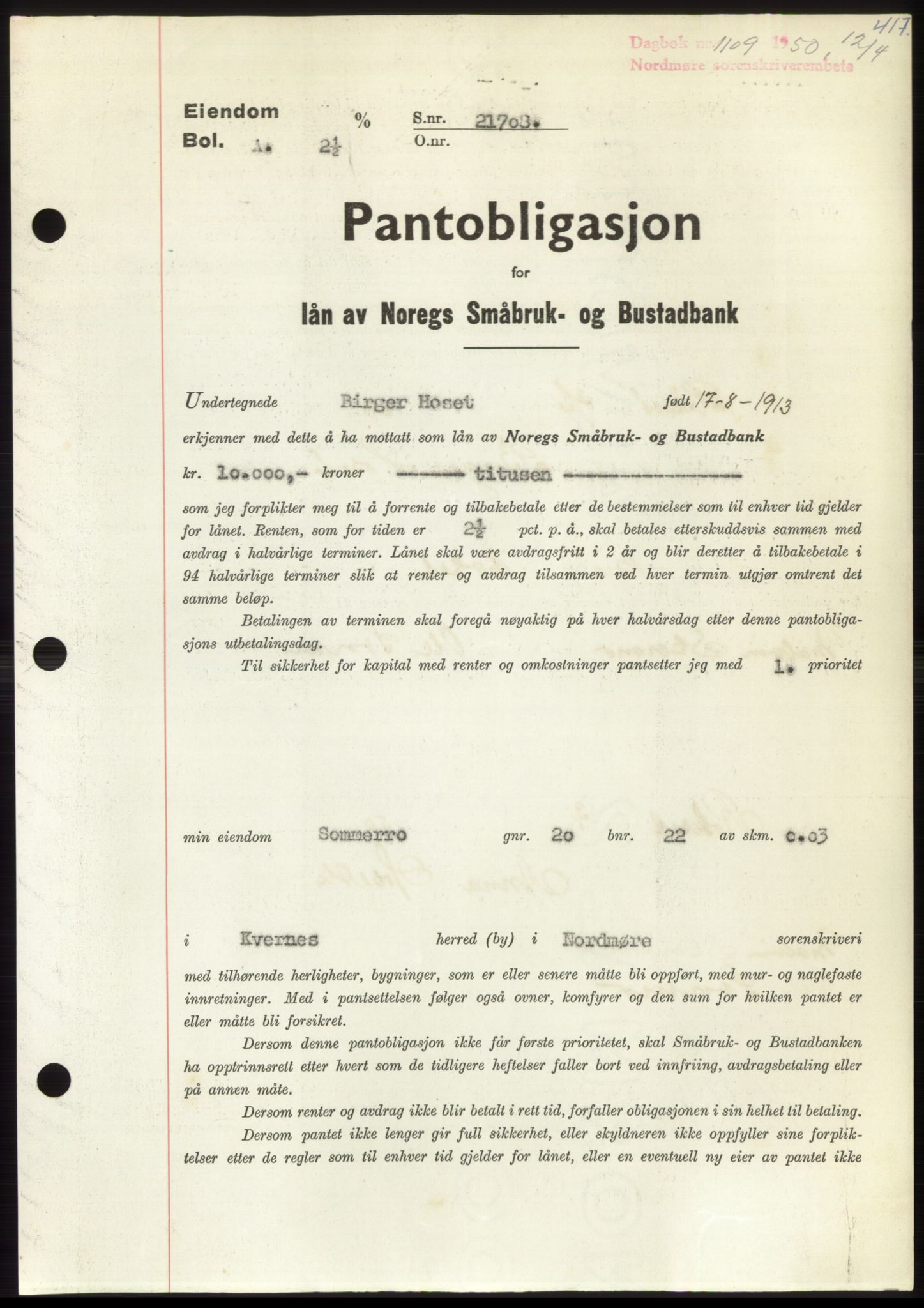 Nordmøre sorenskriveri, SAT/A-4132/1/2/2Ca: Pantebok nr. B104, 1950-1950, Dagboknr: 1109/1950